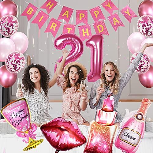 Crenics Crenics 21st Birthday Decorations for Her - Rose Pink Happy Birthday Banner, Pom Poms, 21 Number Balloon, Lipstick Champagne Balloons and 24 Latex Balloons for 21st Girls Women Birthday Party Supplies