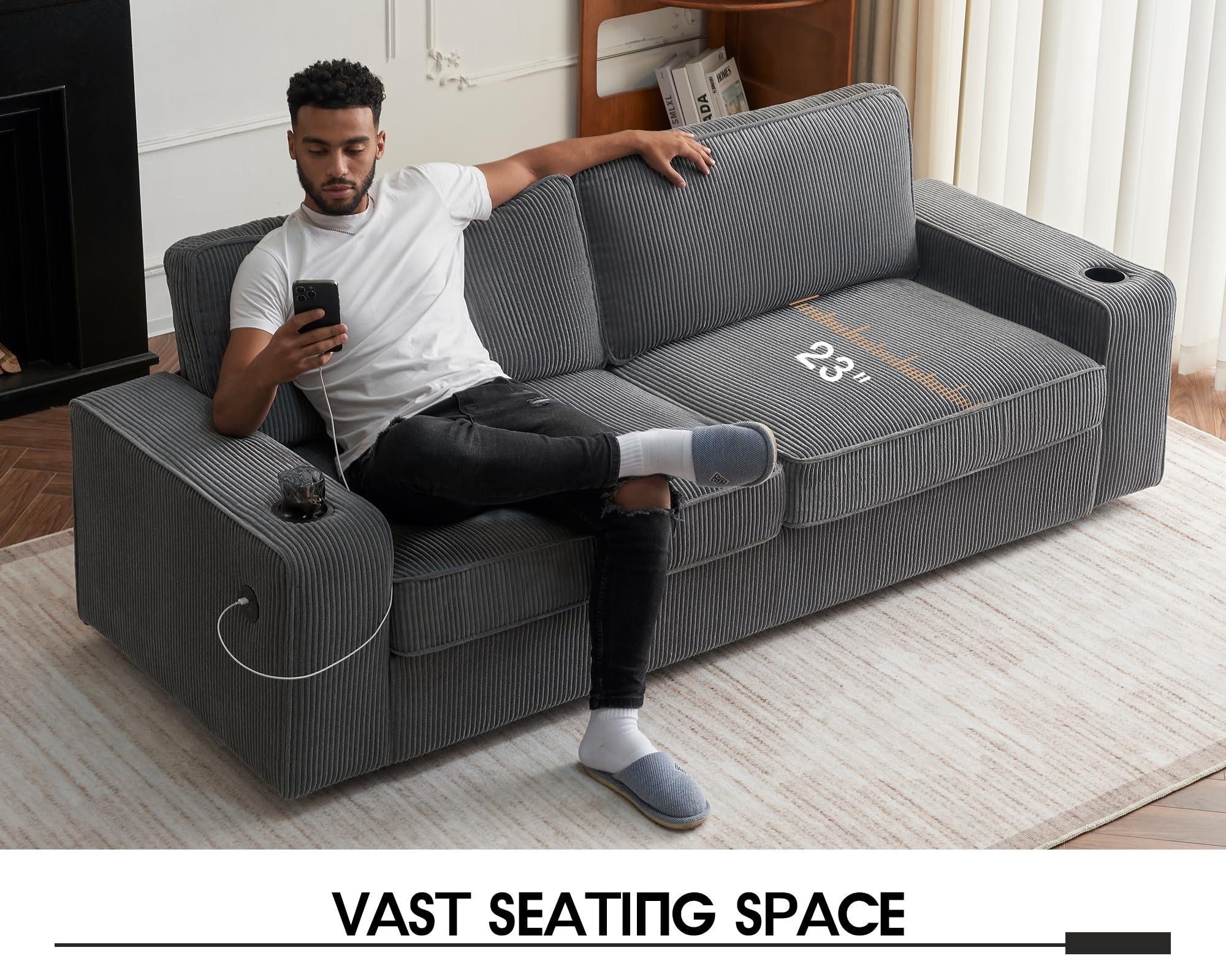 VanAcc VanAcc Sofa, Comfy Couch, Modern Couch with Cup Holders & USB Charging Ports, Sofa Chair for Living Room, Ash Grey Corduroy