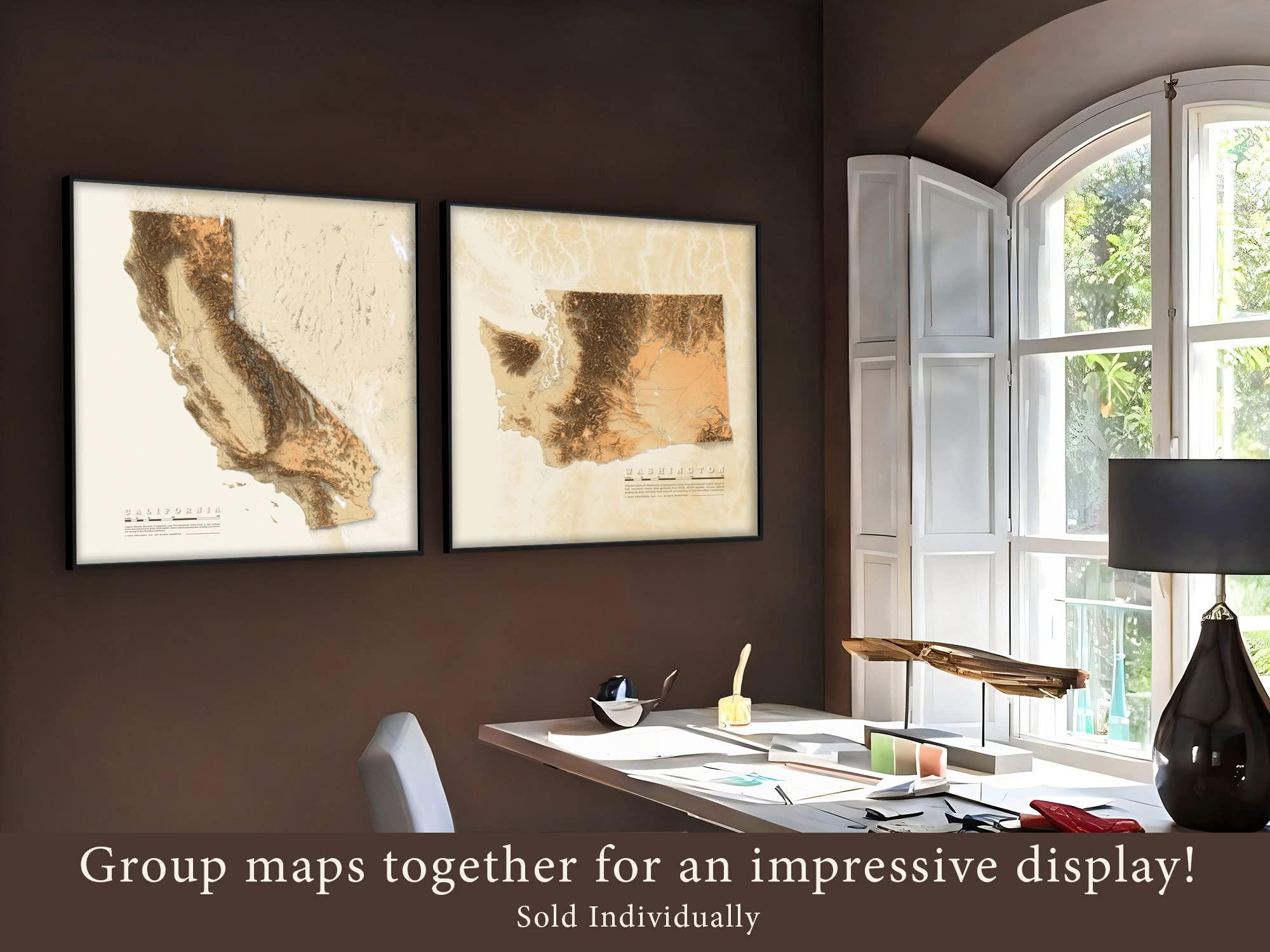 GEOJANGO GeoJango Maps, New Mexico State Physical Map; Topo Topographical Elevation Shaded Relief Framed Picture, 24x24 inch map (Antique)