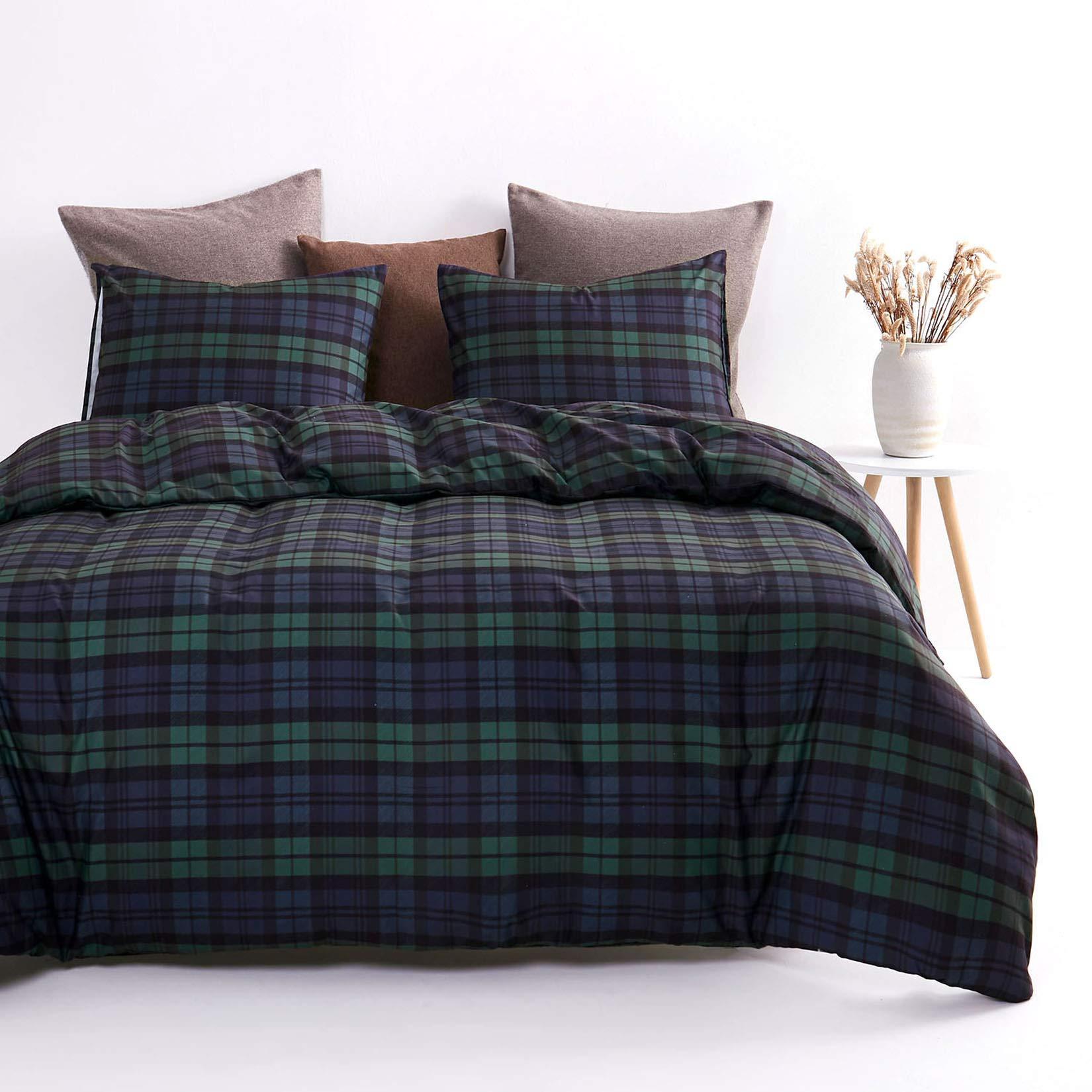 Wake In Cloud Wake In Cloud - Plaid Comforter Set, Scottish Tartan Check Geometric Modern Pattern Printed, Soft Lightweight Bedding, 3 Pieces, Navy Green, Full Size