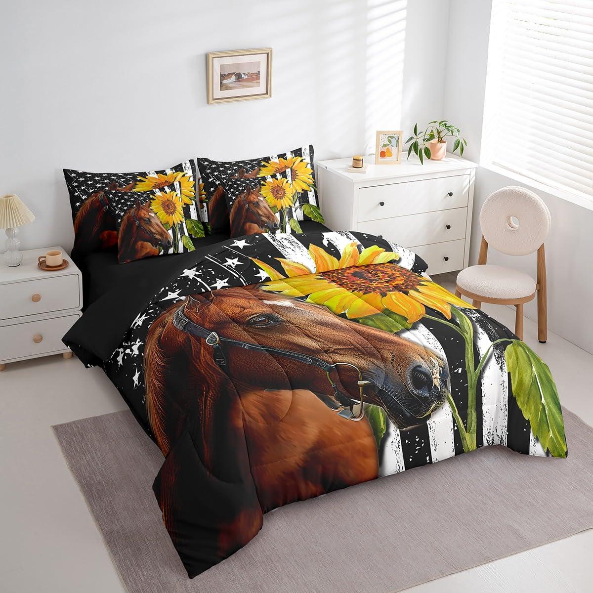 Erosebridal Erosebridal Horse Bed in a Bag King Size Comforter Set 7 Pieces,American Flag Bedding Sets Sunflower Western Animals Sheet Set with Comforter