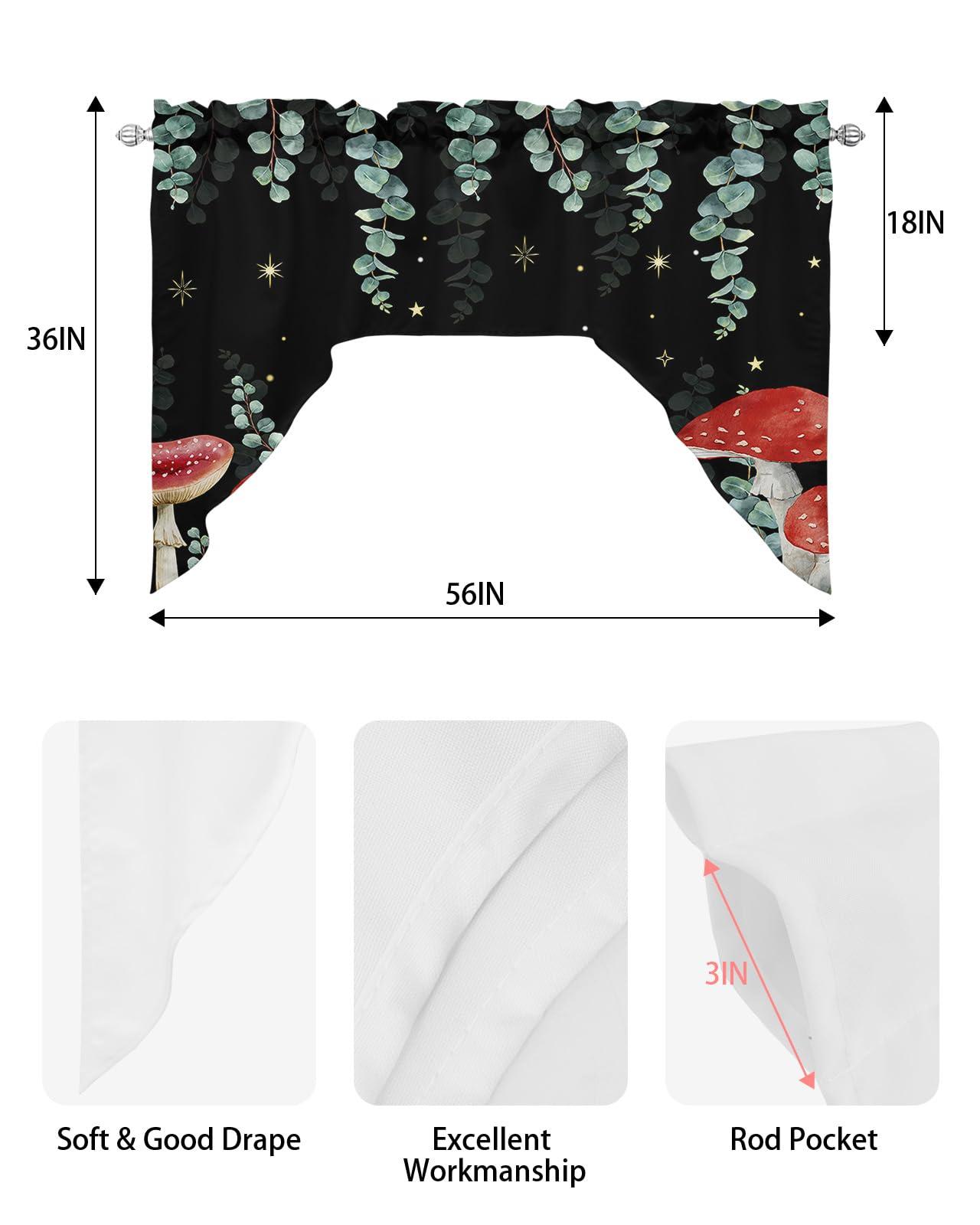 Onekaccu Mushroom Eucalyptus Swag Valances for Kitchen Window, Swag Curtains Drapes for Bedroom Bathroom Over Sink Floral Leaf Stars Moon Black Backdrop Rod Pocket Window Treatment Decor Valances, 56x36 Inch