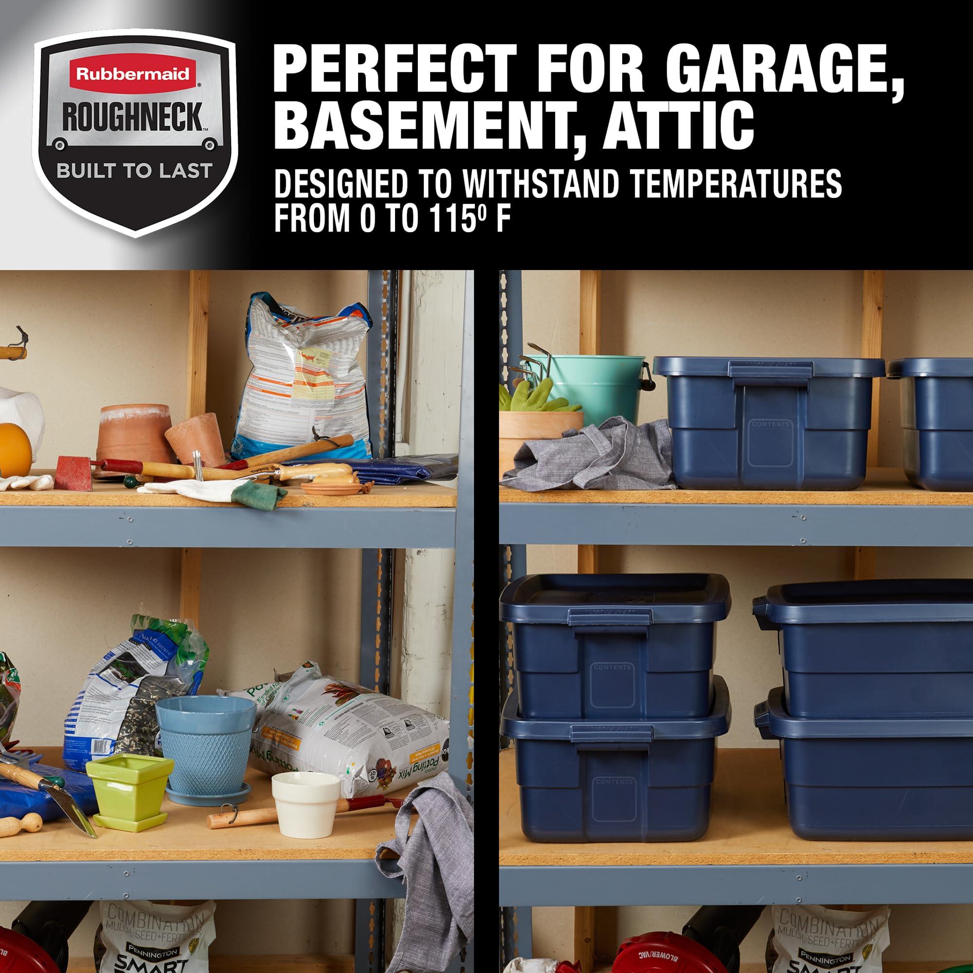 Rubbermaid Rubbermaid Roughneck Tote 10 Gal, 8 Pack, Made in USA, Dark Indigo Metallic, Rugged Plastic Stackable Storage Bins with Lids and Handles