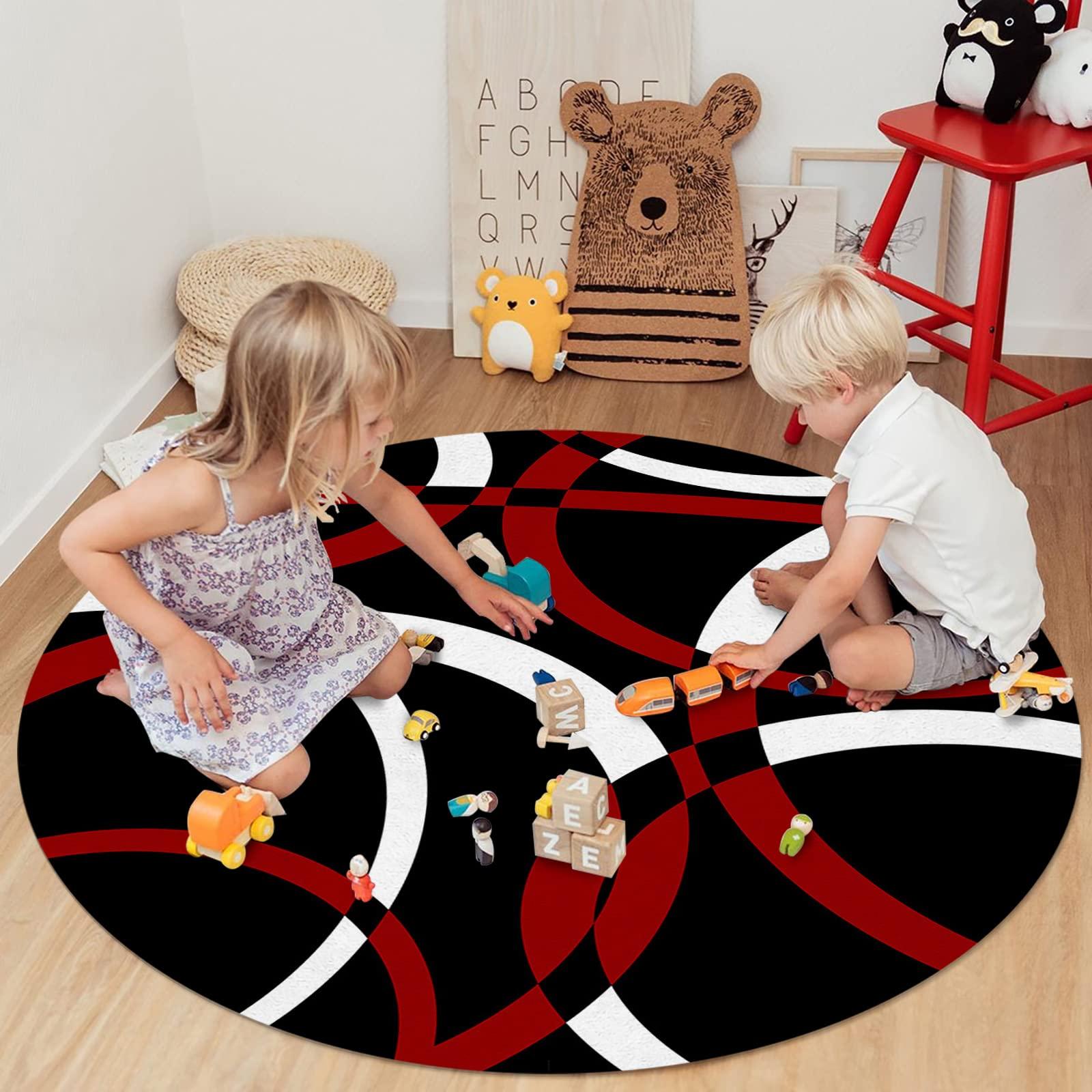 Jolunifun Red Geometric Round Area Rug 5ft,Washable Outdoor Indoor Carpet Runner Rug for Bedroom,Kitchen,Bathroom,Living Room,Office,Black White Modern Abstarct Circle Area+Rug Large Bath Door Desk Floor Mat