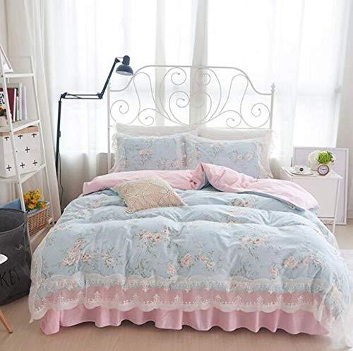 Mbay Mbay Girls Blue Pink Lace Bed Set Twin, Chic Flower Print Duvet Cover Cotton, Princess Fashion Bed Skirt, 3PCS