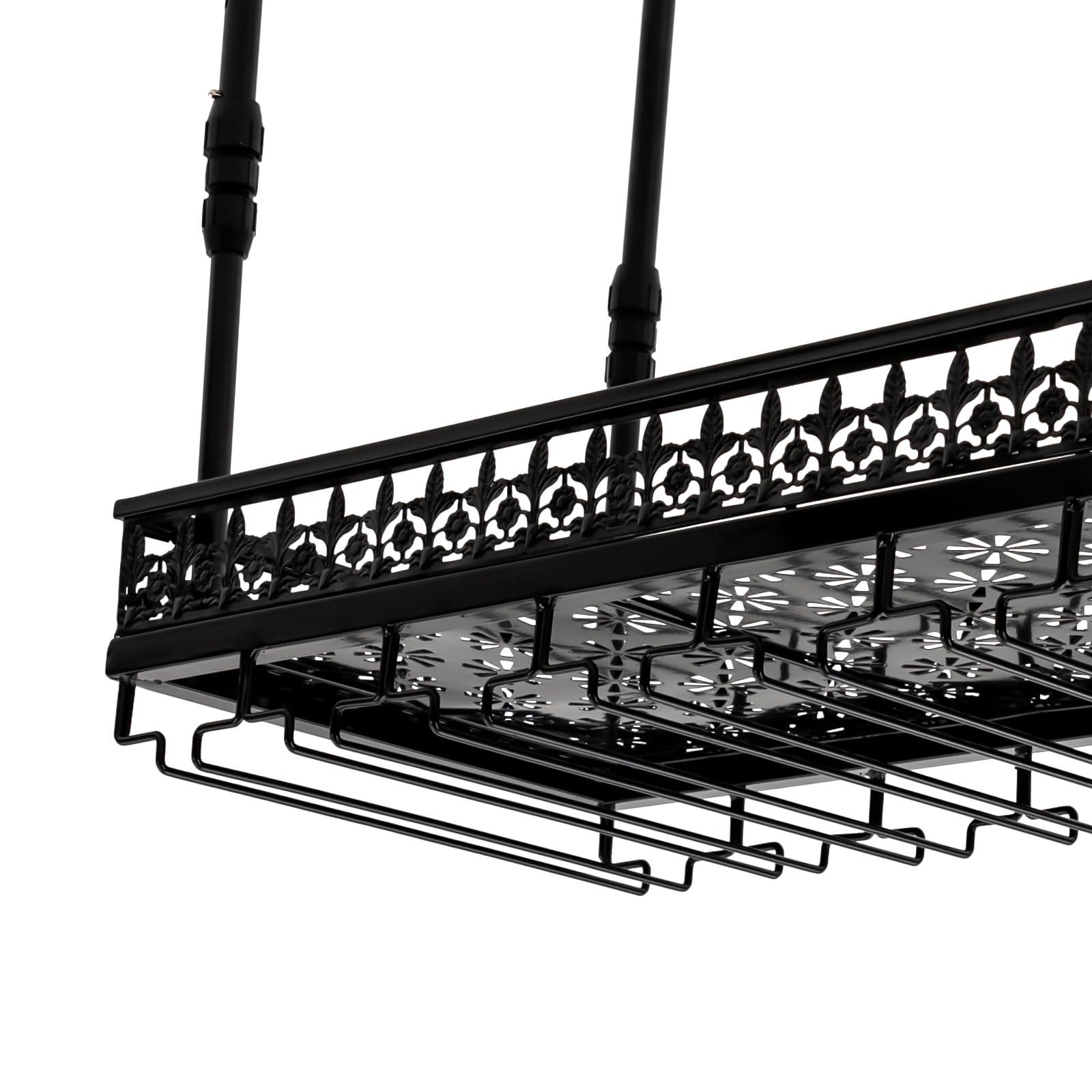 CNCEST Black Vintage Wine Glass Rack, 13.78\"- 21.65\" Height Adjustable Ceiling Mounted Hanging Wine Bottle Holder Stemware Hanger Rack Metal Bar Floating Shelf for Bar Kitchen, Capacity: 36 Goblets(L: 90cm)
