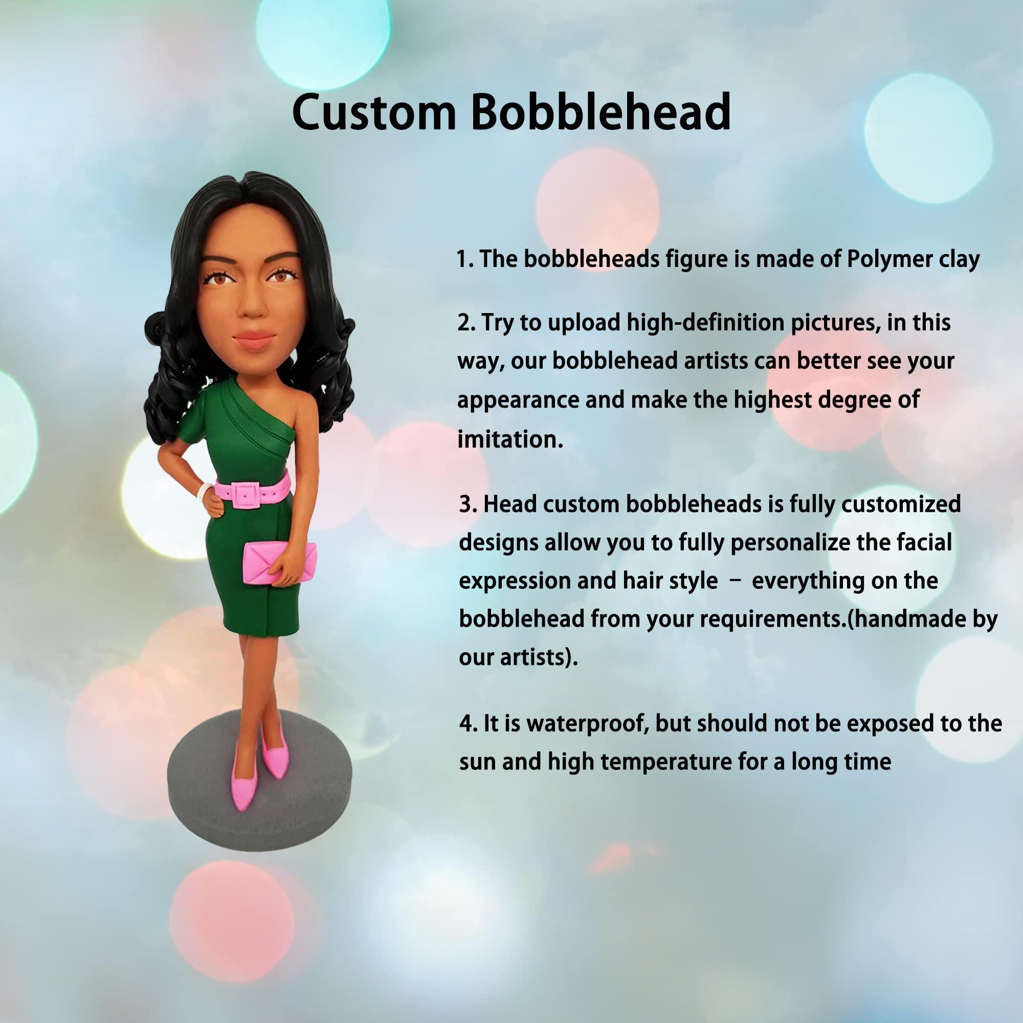 mydedor mydedor Custom Bobble-Heads Figurine Customized Doll, Woman in Blue Cocktail Dress Custom Bobble Head, Bobble Head Figures Handmade Personalized Sculpture Gift for Women
