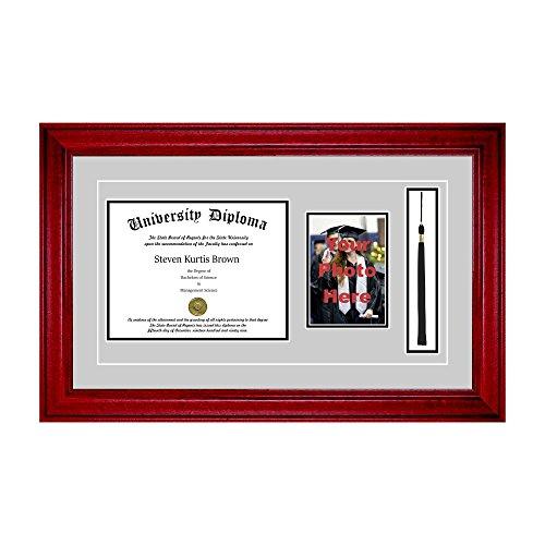 Perfect Cases Perfect Cases Single Diploma Frame with 5x7 Photo, Tassel and Double Matting for 9\" x 7\" Tall Diploma with Cherry 2\" Frame