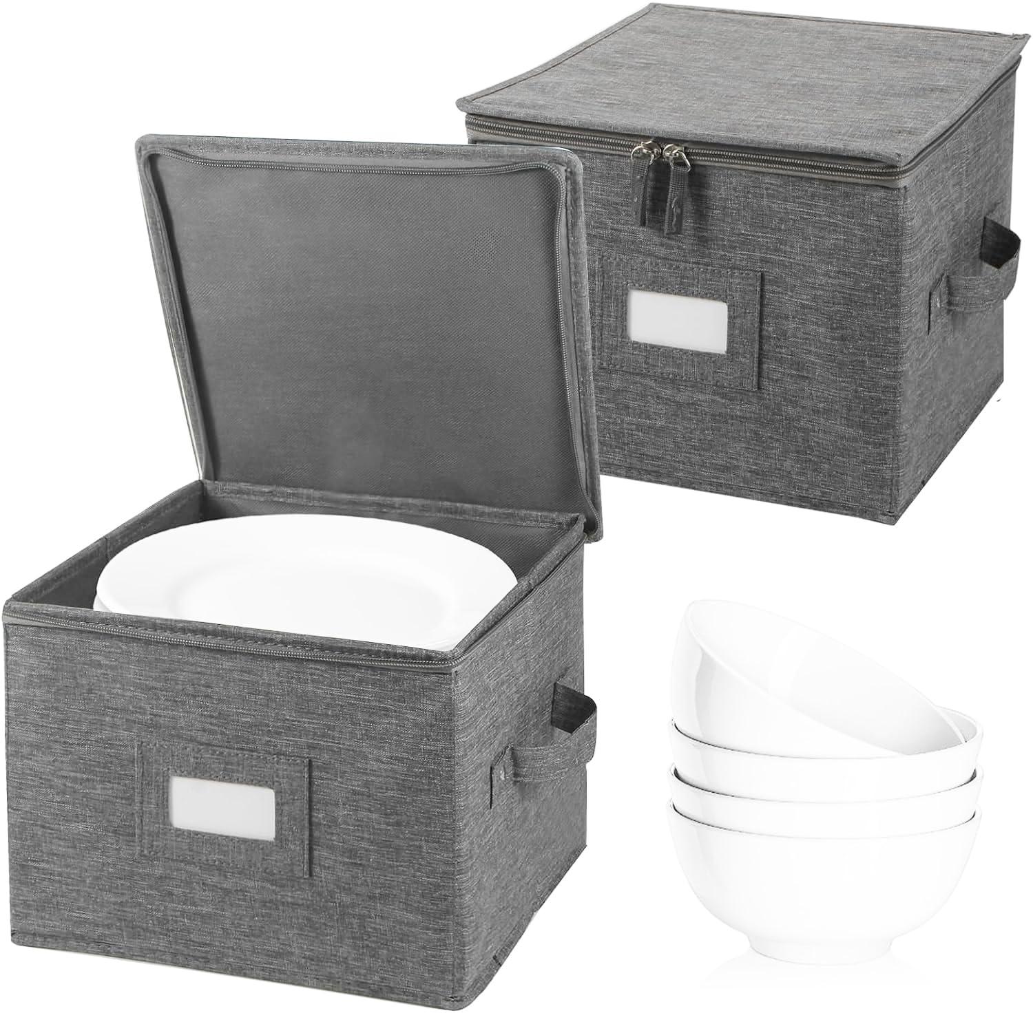 popoly popoly China Storage Container for Bowls or Dessert Plates, 8.5" W x 6" H Plate Storage Case with 24 Felt Dividers, Hard Shell and Stackable (2 Pack Grey)