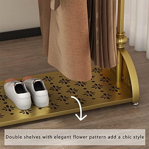 MAIKAILUN Clothing Rack Gold, Industrial Clothes Rack for hanging Clothes with Double Shelves Freestanding Multi-functional Heavy Duty Garment Rack, Metal Movable Portable Coat Rack for Organizing Clothes Shoes