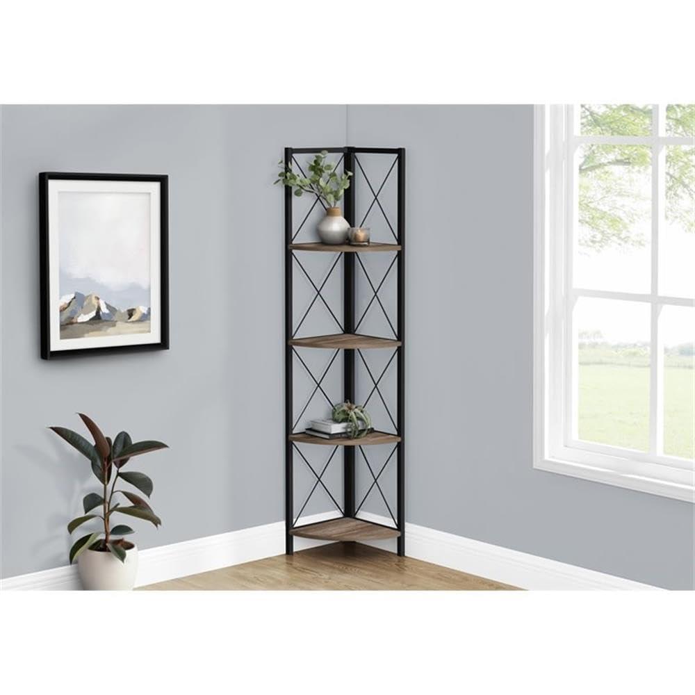 Monarch Specialties Monarch Specialties I 3646 Bookshelf, Bookcase, Etagere, Corner, 4 Tier, 60" H, Office, Bedroom, Metal, Laminate, Brown, Black, Contemporary, Modern