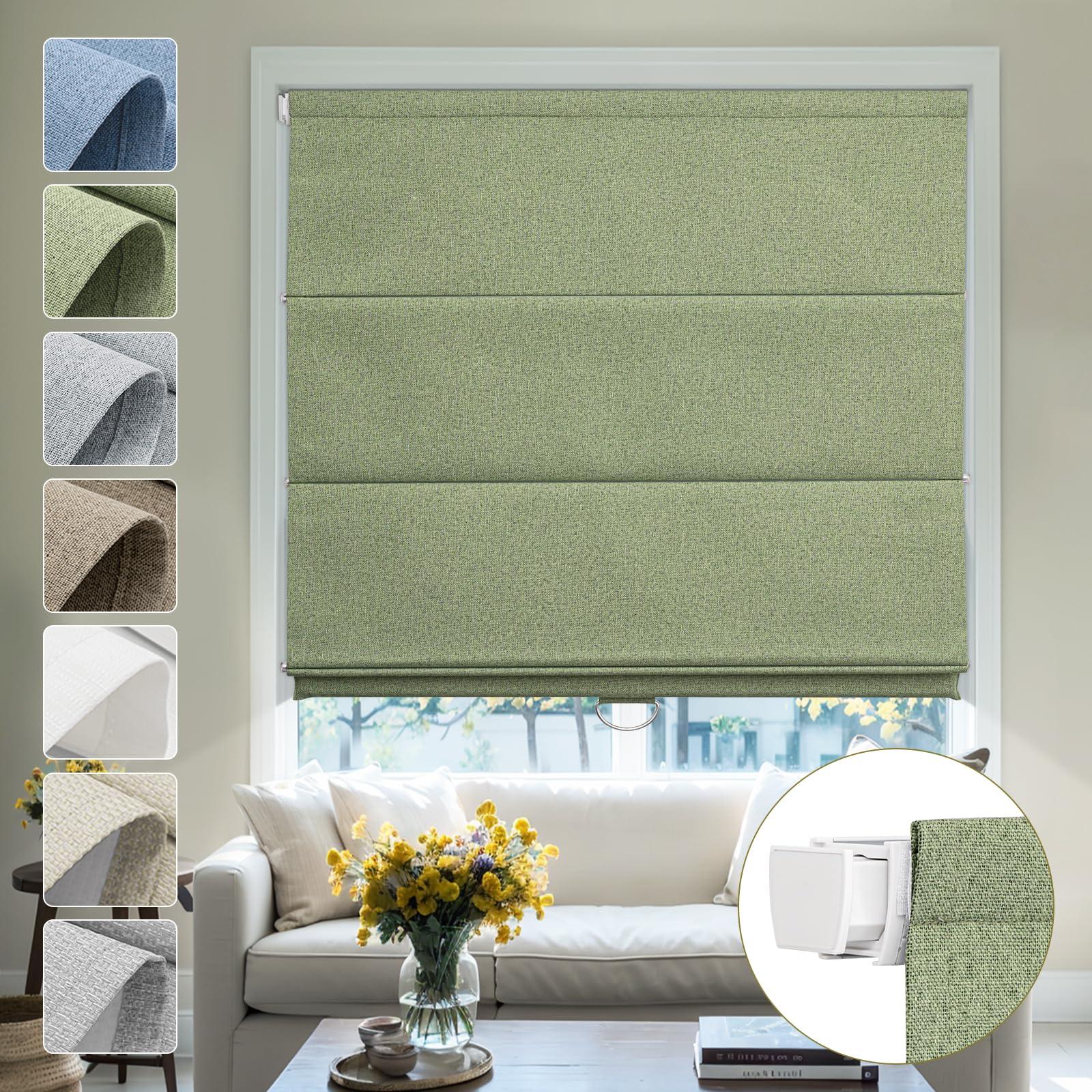 moonice Moonice No Tools No Drill Roman Shades for Windows Blackout Cordless Linen Blinds Privacy Fabric Roman Shades for Indoor Windows, Thermal Insulated Easy Install Roman Blind for Windows, Green