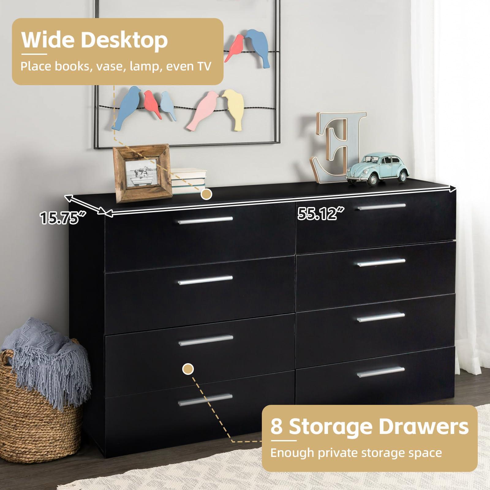 UZUGUL UZUGUL Black Dresser for Bedroom,Modern Large 8 Drawer Dresser,Wood Dresser,Storage Chest of Drawer,Dresser Bedroom Furniture,TV Dresser for Living Room