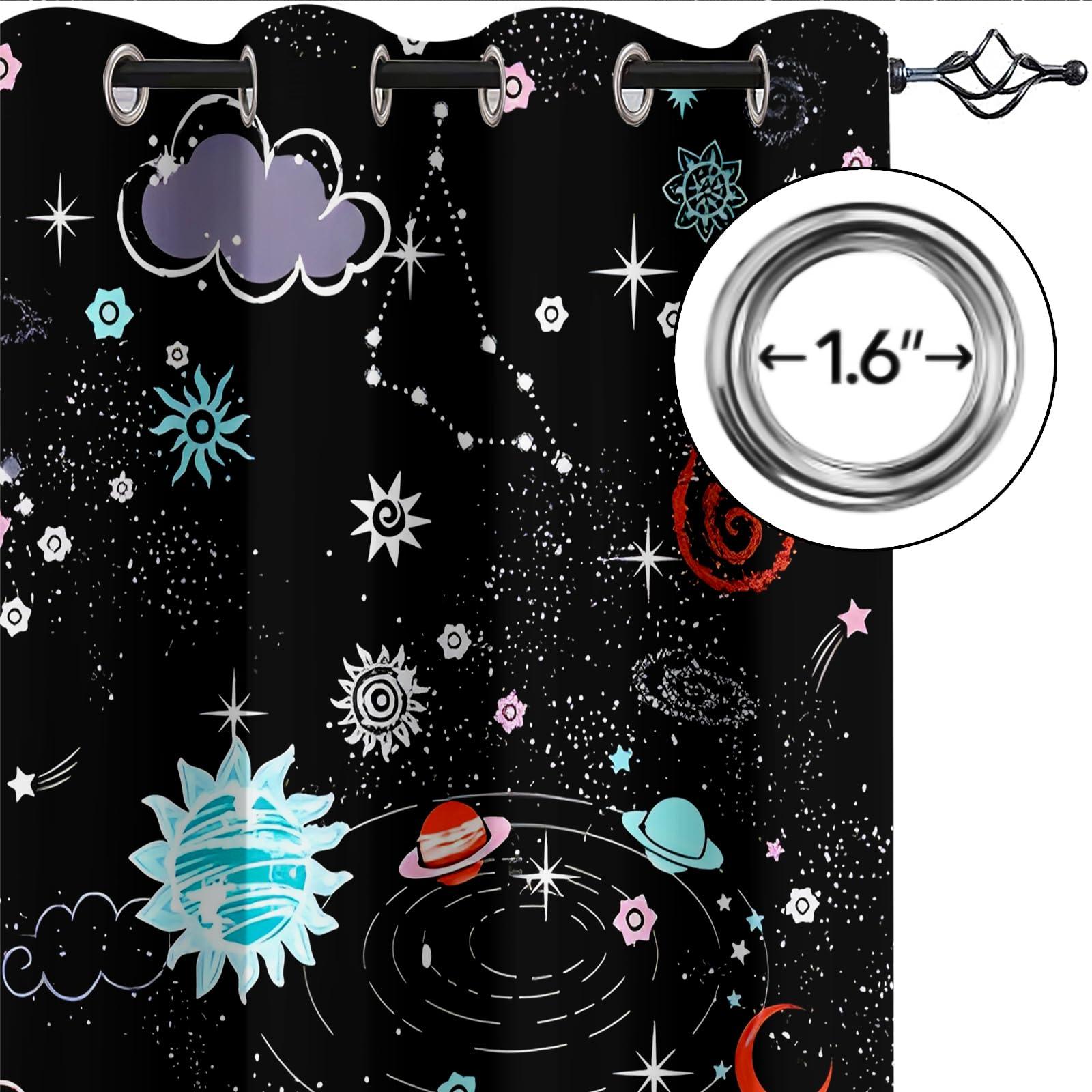 PFFM Outer Space Curtains for Windows, Planet Theme Cartoon Galaxy Solar System Pattern Blackout Curtains, Light Reducing Privacy Protect Drapes for Boy Girl Kids Bedroom-26 W X 84" L X 2 Panels