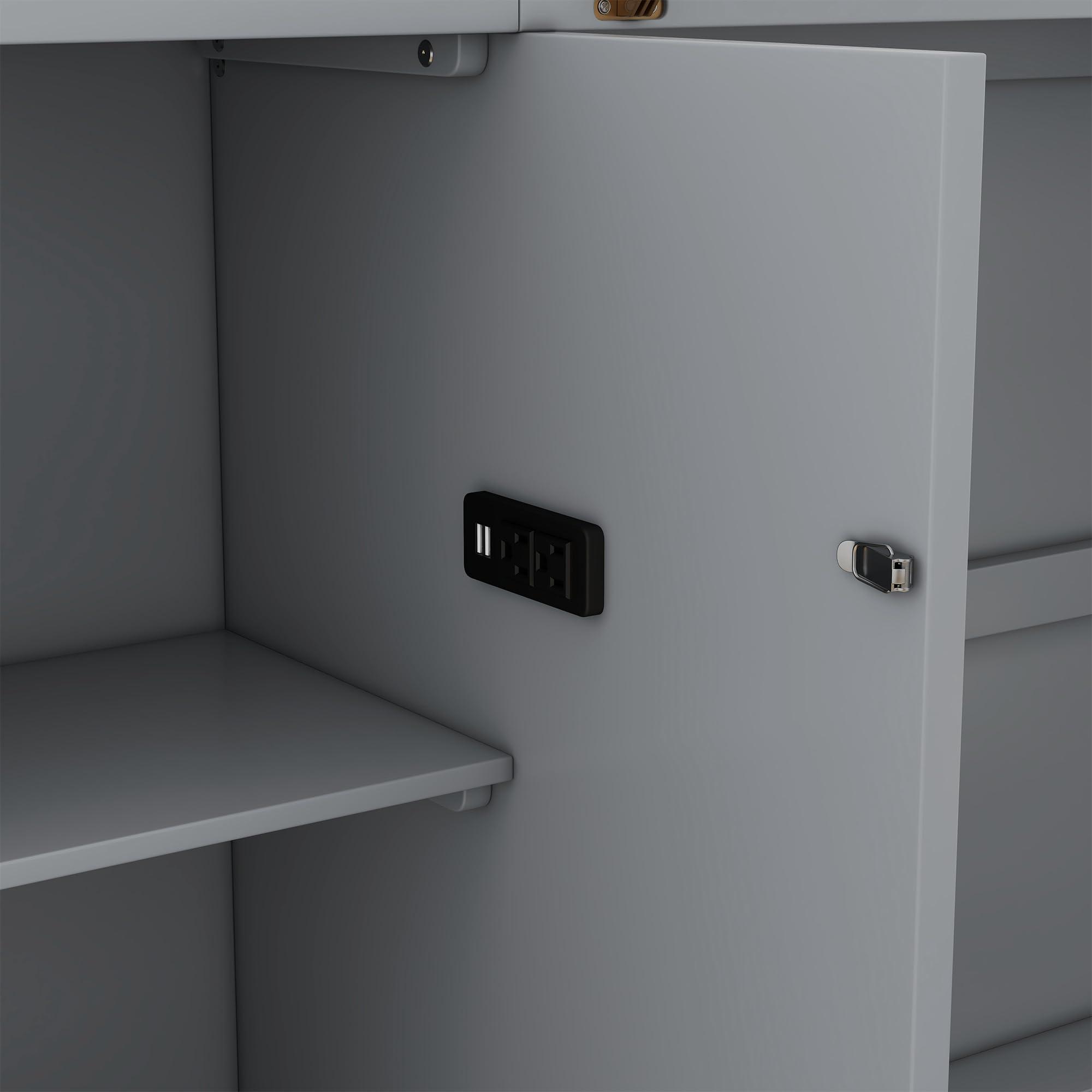 MERITLINE Queen Murphy Bed with with Storage Bookcase Shelves,Drawers and Charging Station,Wood Folding Murphy Bed Cabinet Queen Grey Murphy Chest Bed Full Size Adults Murphy Bed Unit No Box Spring Needed