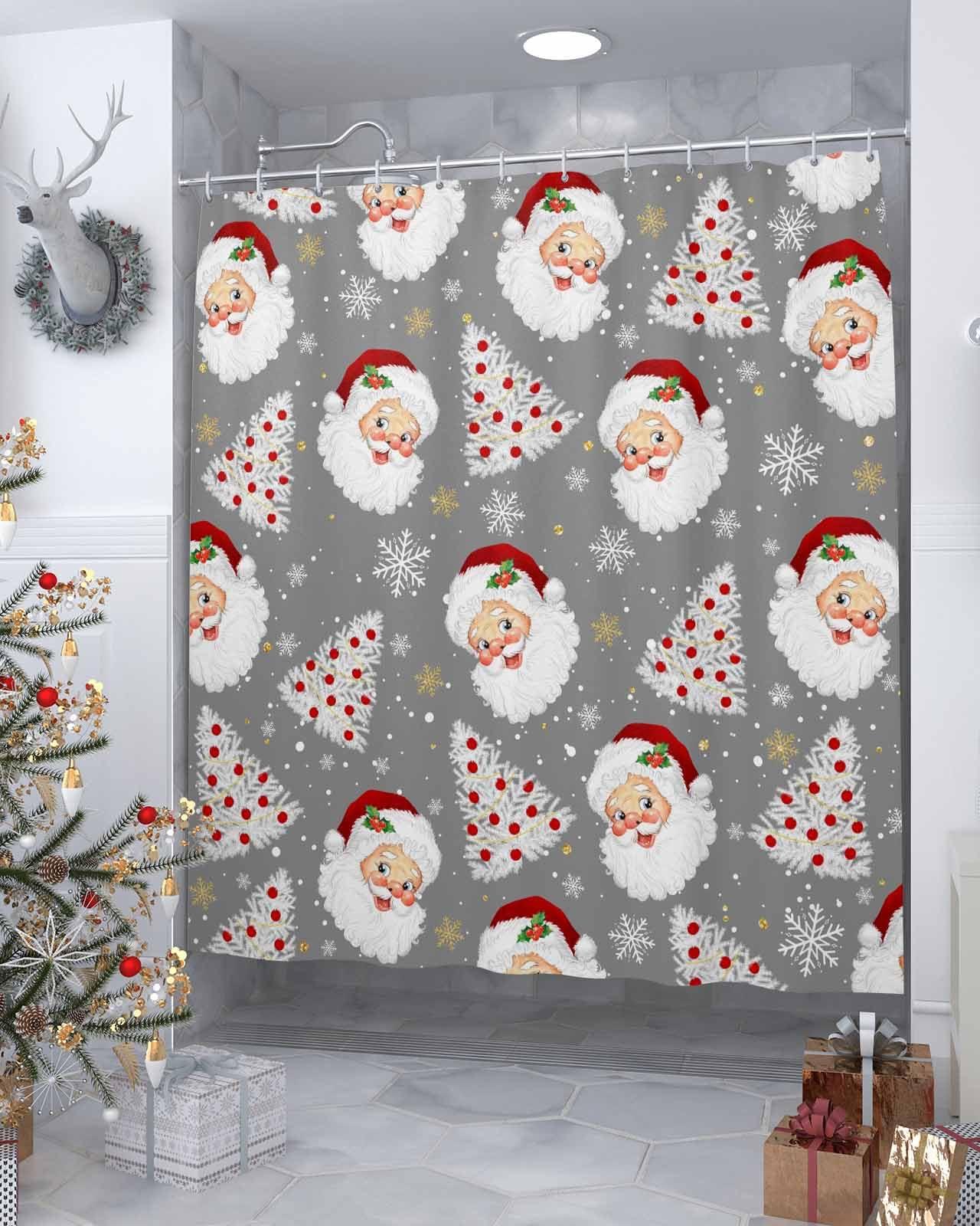 Vandarllin Grey Christmas Shower Curtain, Santa Claus Merry Christmas Tree Shower Curtains Set with Hooks, Winter Snowflake Waterproof Fabric Bathroom Curtains Decor Home Accessories,72 X 84 Inch Extra Long