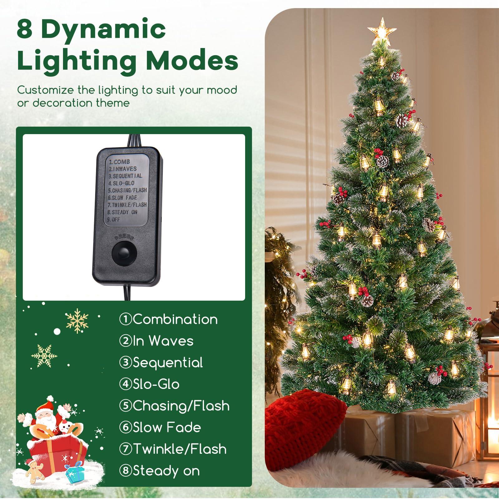 Goplus Goplus 7ft Pre-Lit Fiber Optic Christmas Tree, Artificial Snowy Xmas Tree with 80 Warm White LED Lights, 8 Modes, 270 PVC Leaves & Pine Needles, Pine Cones, Red Berries, Office Home Decoration