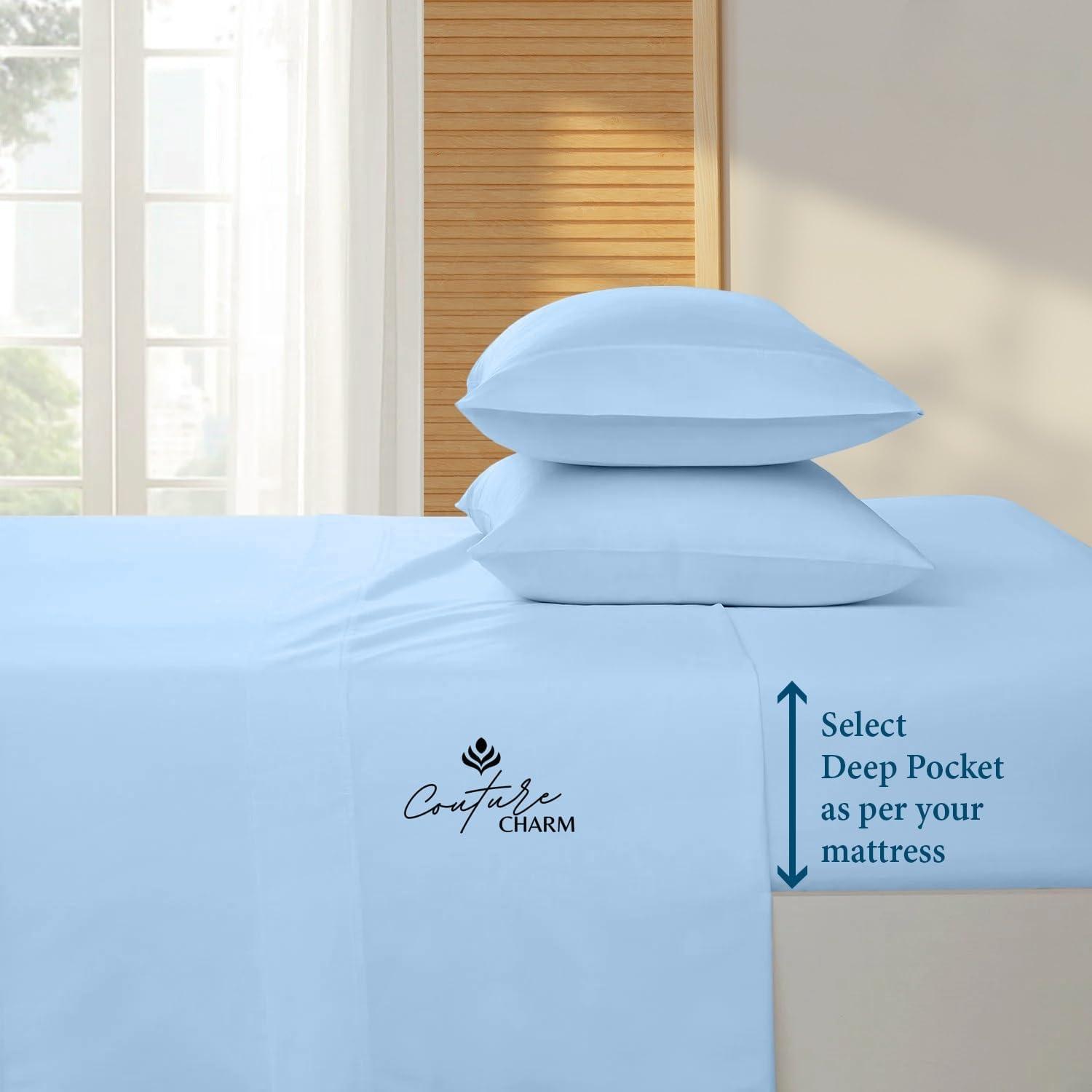 Couture Charm Queen Size 1000 Thread Count 100% Egyptian Cotton Sheet Set, 4-Piece, Sateen Weave, with 14-16\" Deep Pocket Snug Fit (Solid, Light Blue)