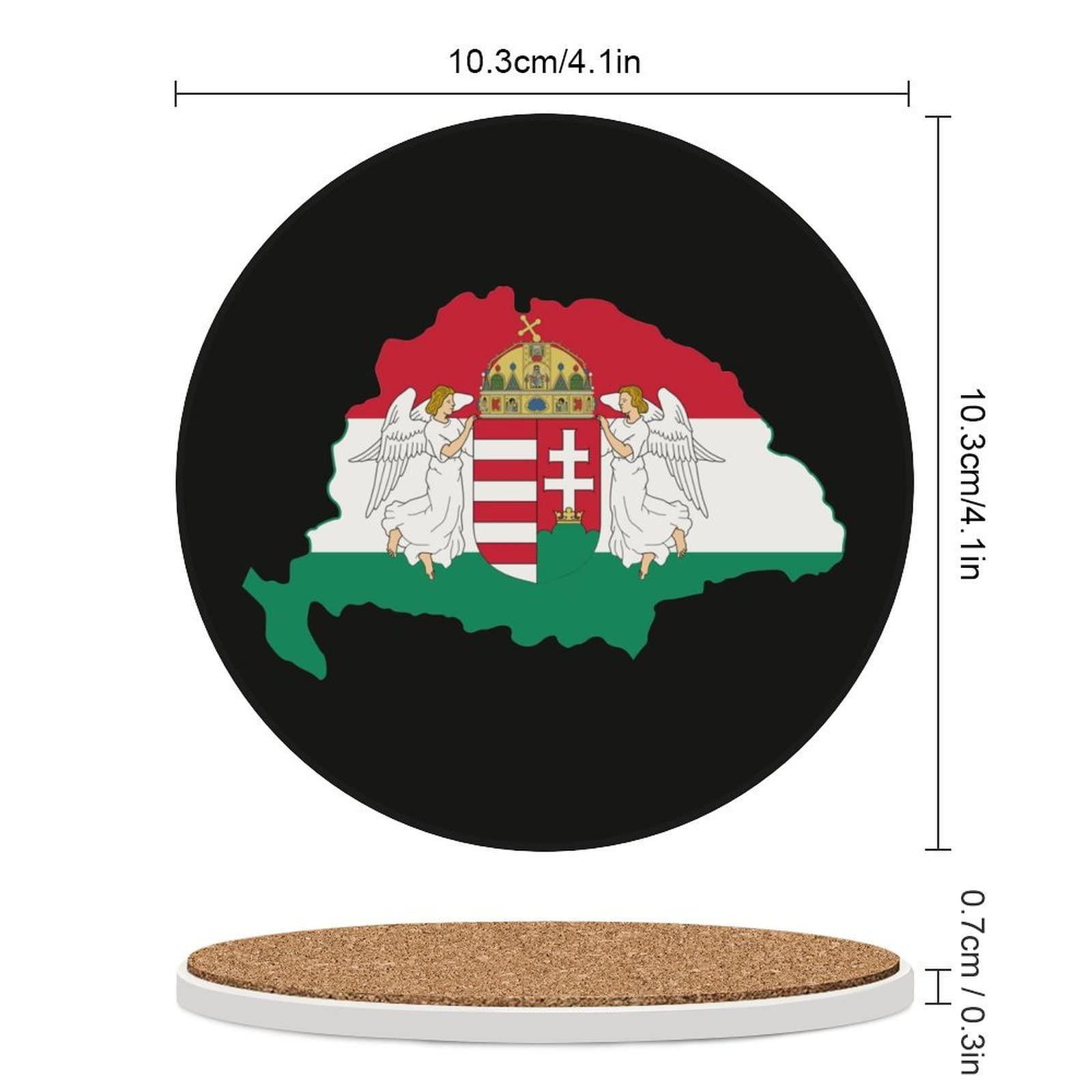 Zenladen Hungary Hungarian Flag Map Ceramic Coasters Absorbent Wooden Coaster Round Cup Holders 6PCS
