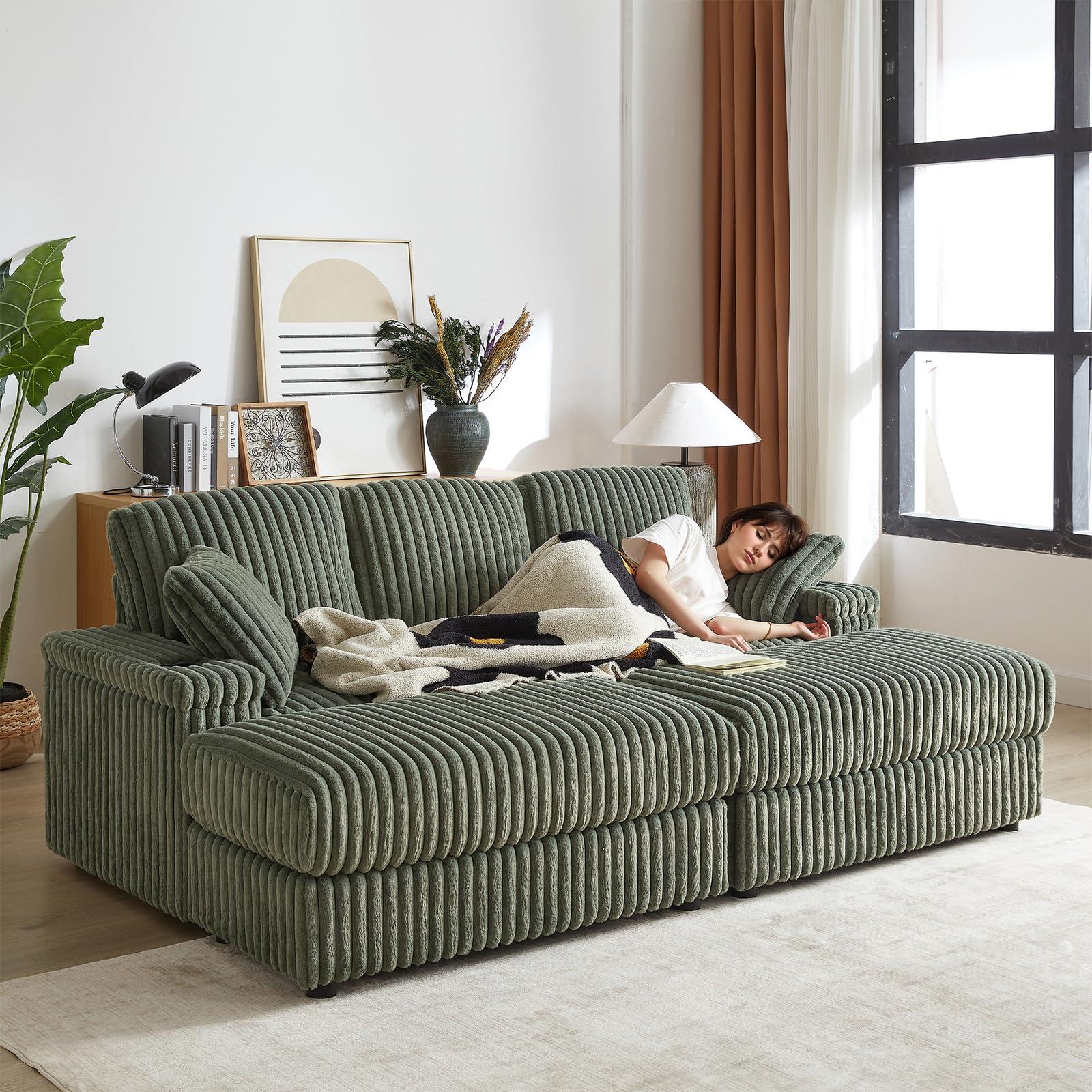 Antetek Oversized Chaise Longue Sofa Indoor with Cup Holders, Modern 86-inch Upholstered Corduroy Deep Seat 3 Seater Cloud Lounge Sofa with Ottoman & Storage Armrests for Living Room, Bedroom Apartment, Green