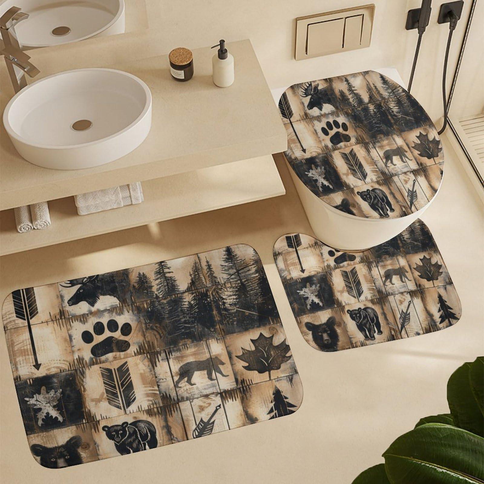 Brebasf Rustic Hunting Theme Lodge 4 Pcs Shower Curtain,Abstract Forest Farm Farmhouse Bear Claw Print Deer Shower Curtain Set Non-Slip Rugs Toilet Lid Cover Bath Mat 12 Hooks