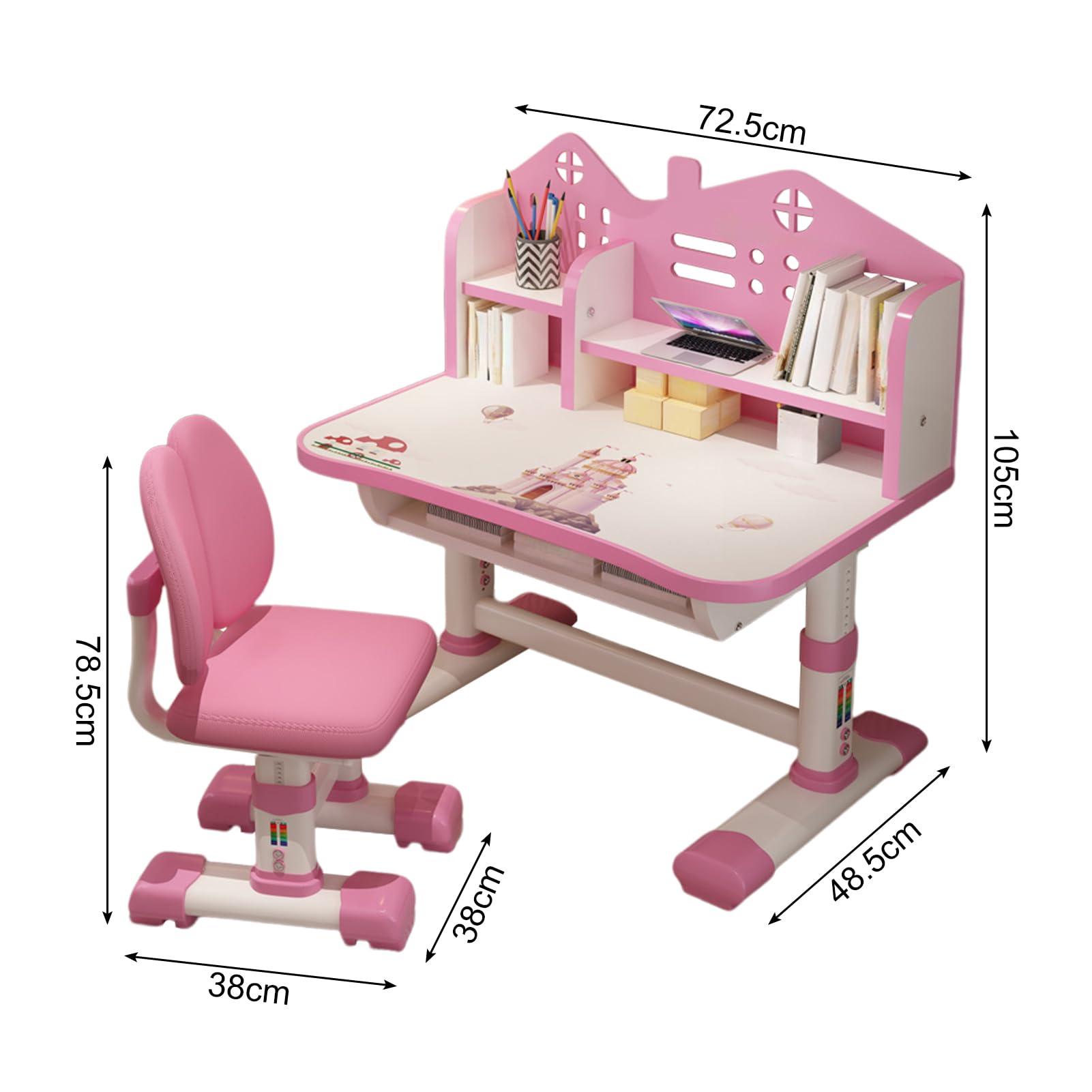 HEVIRGO Children Learning Desk and Chair Set Pink Desk Set Height Adjustable with Drawers and Storage Compartments Curved Desktop Cartoon Learning Desks and Chairs Reading/Learning/Writing for Girls (Pink)