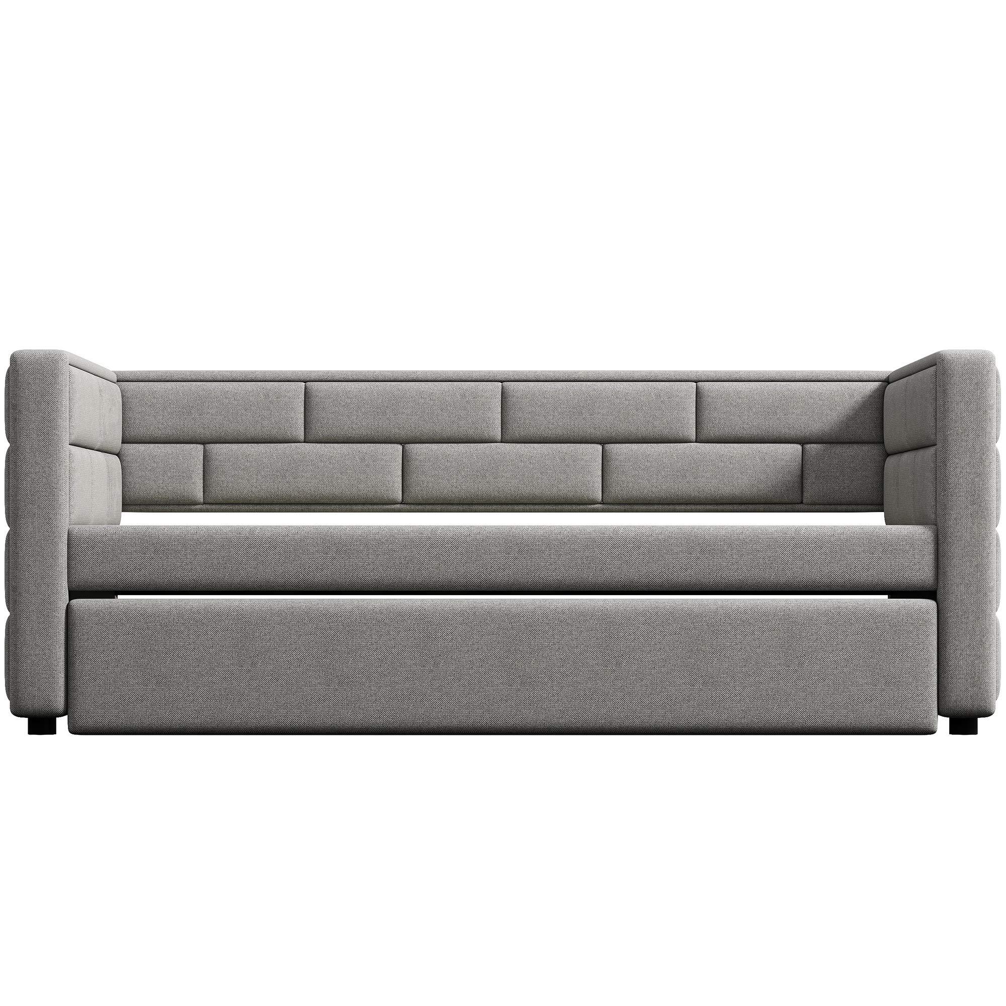 Flieks Flieks Upholstered Daybed with Trundle, Twin Size Upholstered Daybed Sofa Bed with Padded Back and Wood Slat Support, Grey