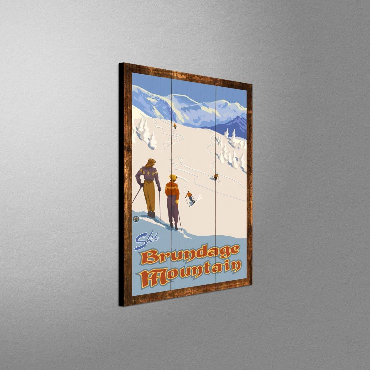 Northwest Art Mall Brundage Mountain Idaho Mountain Slope Skiers Rustic Wood Art Print from Travel Artwork by Artist Paul A. Lanquist 12" x 18"