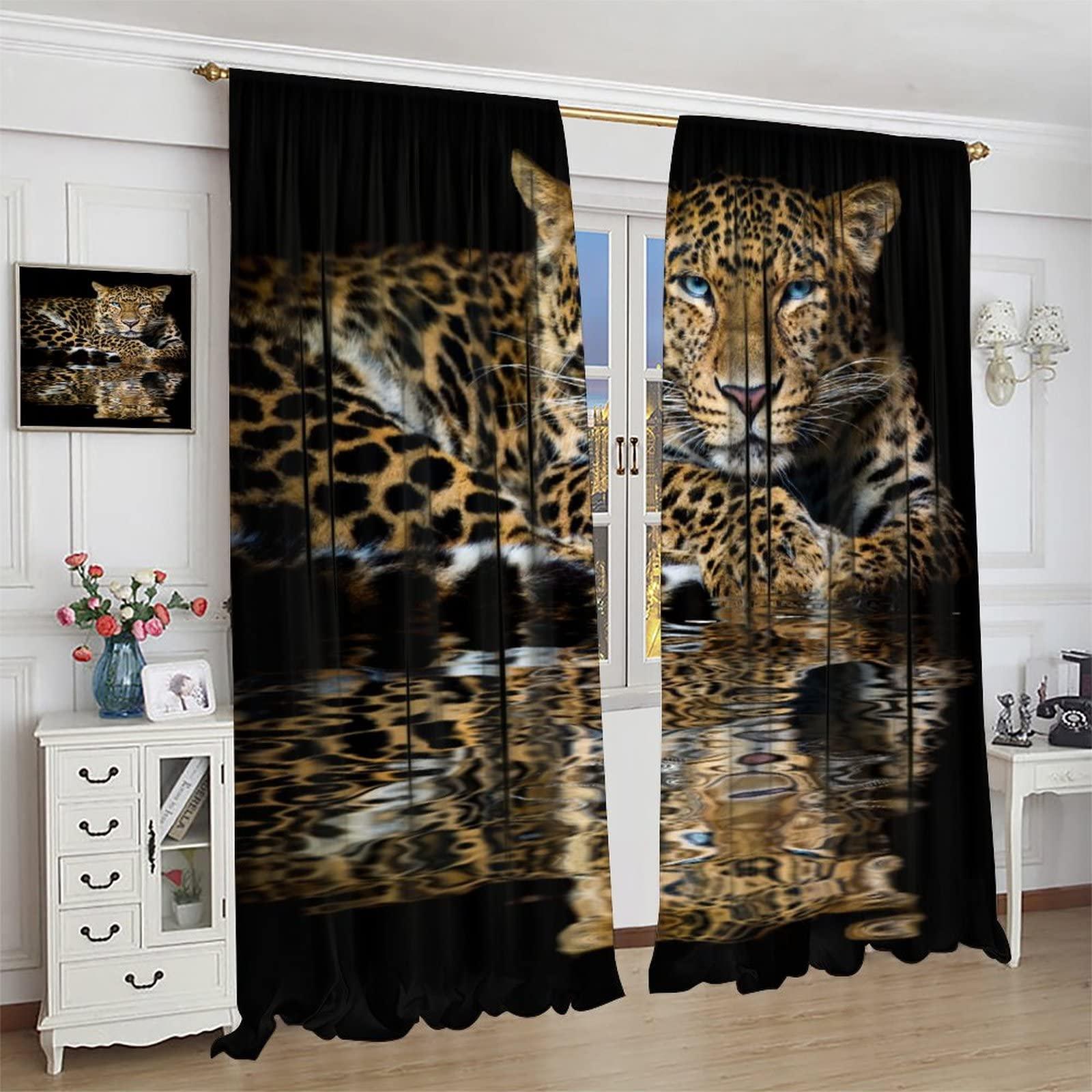 JTMTYWW African Wild Animal Curtains Safari Cheetah Print Decor Living Room Bedroom Dining Room Blackout Window Drapes Polyester Fabric with Rod Pocket Black Brown 55x63in