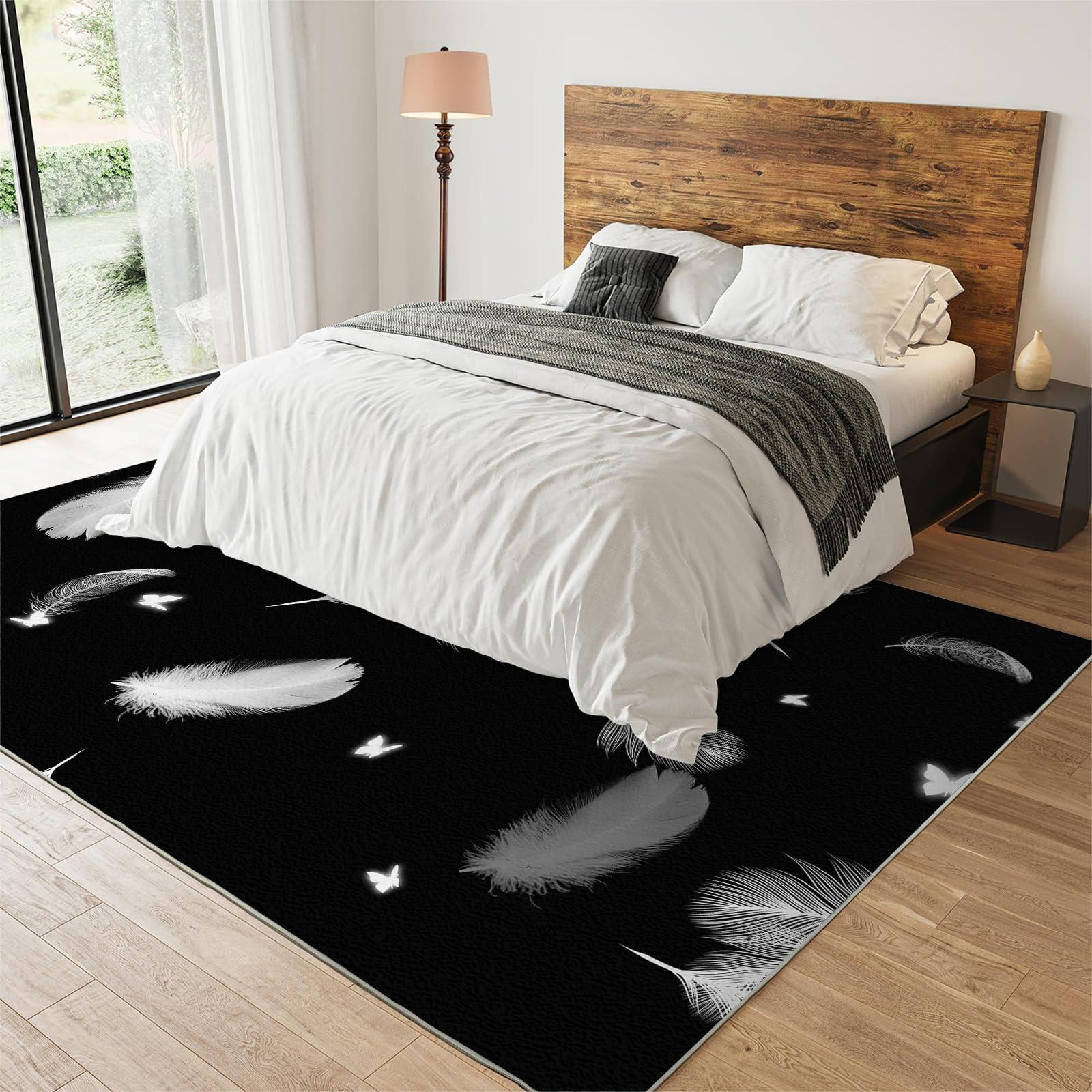 DUPIELU Fashion Black Area Rugs, Modern Abstract White Feather Butterfly Print Large Indoor Machine Washable Rug, Non-Slip Easy Clean Carpet for Living Room Bedroom Kitchen Hallway Entry 8x10ft
