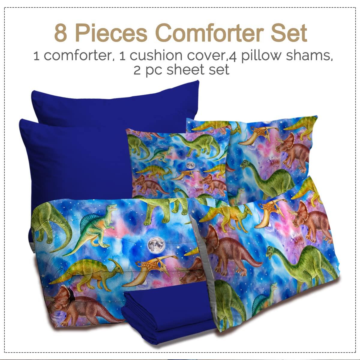 BlessLiving BlessLiving Dinosaur Queen Bedding Sets for Boys - Blue Space Bedding, 8 Piece Bed in a Bag, Kids Comforter Sets with Sheets (Queen)
