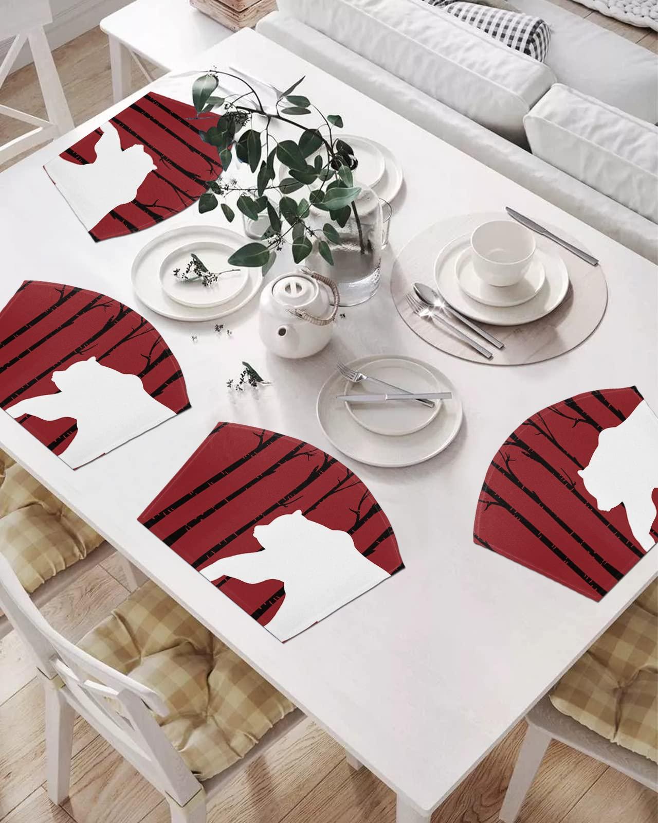 Daleng Christmas Round Table Placemats Set of 6 Christmas Silhouette of Bear Wedge Shaped Placemats Non-Slip Heat Insulation Table Mats Durable Wipeable Placemats for Round Tables Party Decor