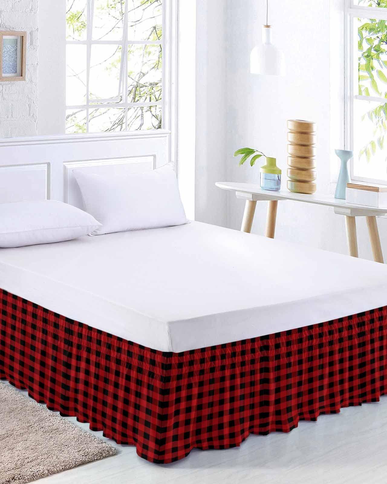 RisQiten Red Black Plaid Bed Skirt Queen Size 16 Inch Drop, Adjustable Elastic Bedskirt Dust Ruffle for Queen Bed, Farmhouse Checkered Buffalo Wrap Around Bed Skirts Luxurious Pleated Bed Frame Cover