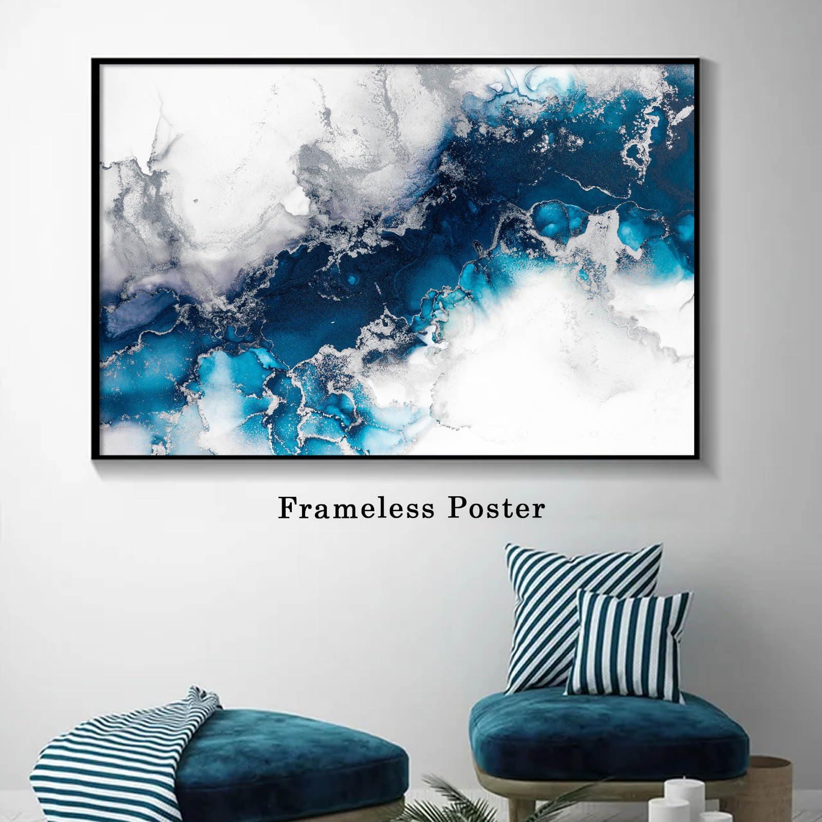 Dthllay Teal Blue Abstract Wall Art Blue Marble Canvas Art Blue Silver Abstract Picture Teal and Silver Wall Painting Abstract Teal Art Marble Navy Blue Grey and White Wall Art Bathroom 16x24inch No Frame