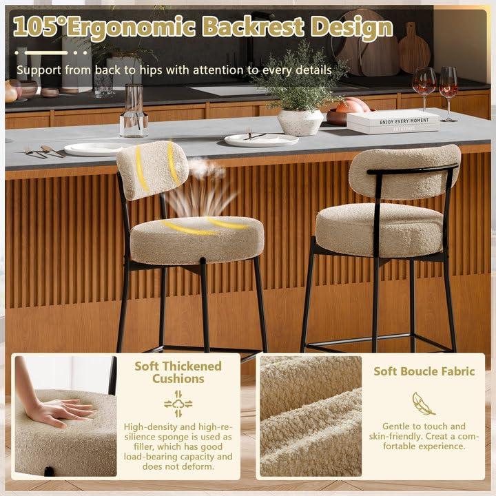 DYHOME DYHOME Bar Stools Set of 3, 24 Inches Modern Counter Height Bar Stools with Curved Back Metal Legs, Beige Upholstered Boucle Barstools for Kitchen Island, Cafe