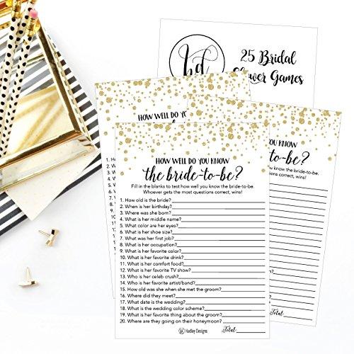 Hadley Designs Hadley Designs 25 Black and Gold How Well Do You Know The Bride to be Bridal Wedding Shower or Bachelorette Party Game, Couples Guessing Question Set of Cards Pack, Printed Engagement