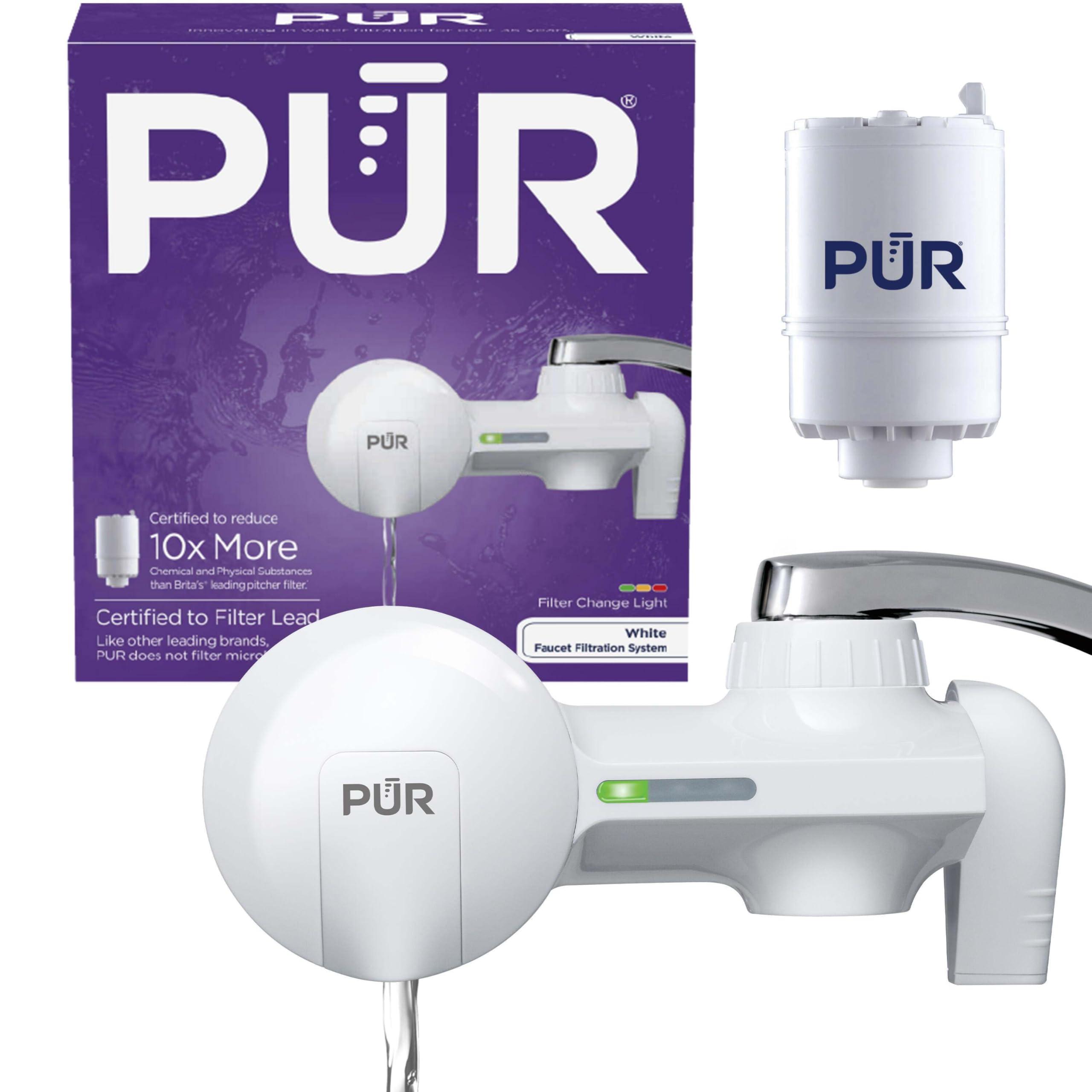 PUR PUR Horizontal Faucet Mount Water Filtration System with Lead Reducing Filter for Cleaner, Filtered Tap Water, Lasts 100 Gallons, Sink Water Filter, Fits Most Kitchen or Bathroom Faucets, White