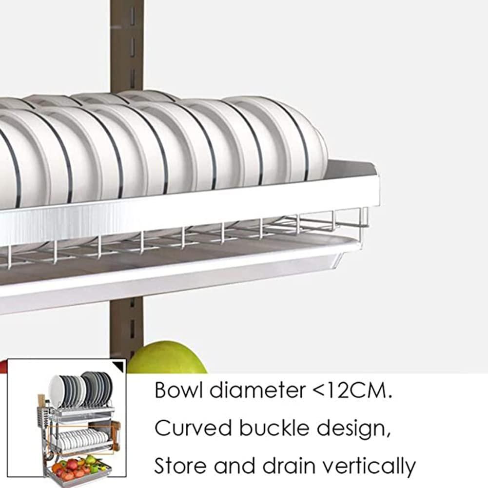 ma hai fei 304 Stainless Steel Kitchen Dish Rack, 2/3-Tier Hanging Wall Mount Drying Organizer for Dishes, Bowls, Mugs Includes Drain Trays (Color : Silver-C, Size : 41.2x26.6x40.5cm)