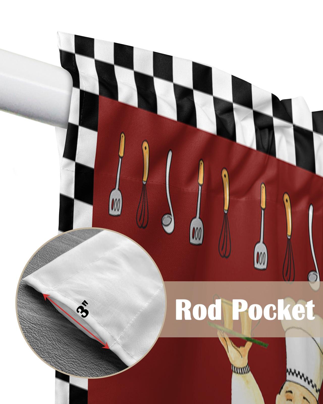 LOVE HOME DAY Cartoon Chef Swag Curtain Valance 28\"x36\" for Farmhouse Kitchen, Kitchen Gourmet and Table 2 Panels Rod Pocket Small Window Swag Valance Pair for Living Room Bathroom Black White Plaid Burgundy Red