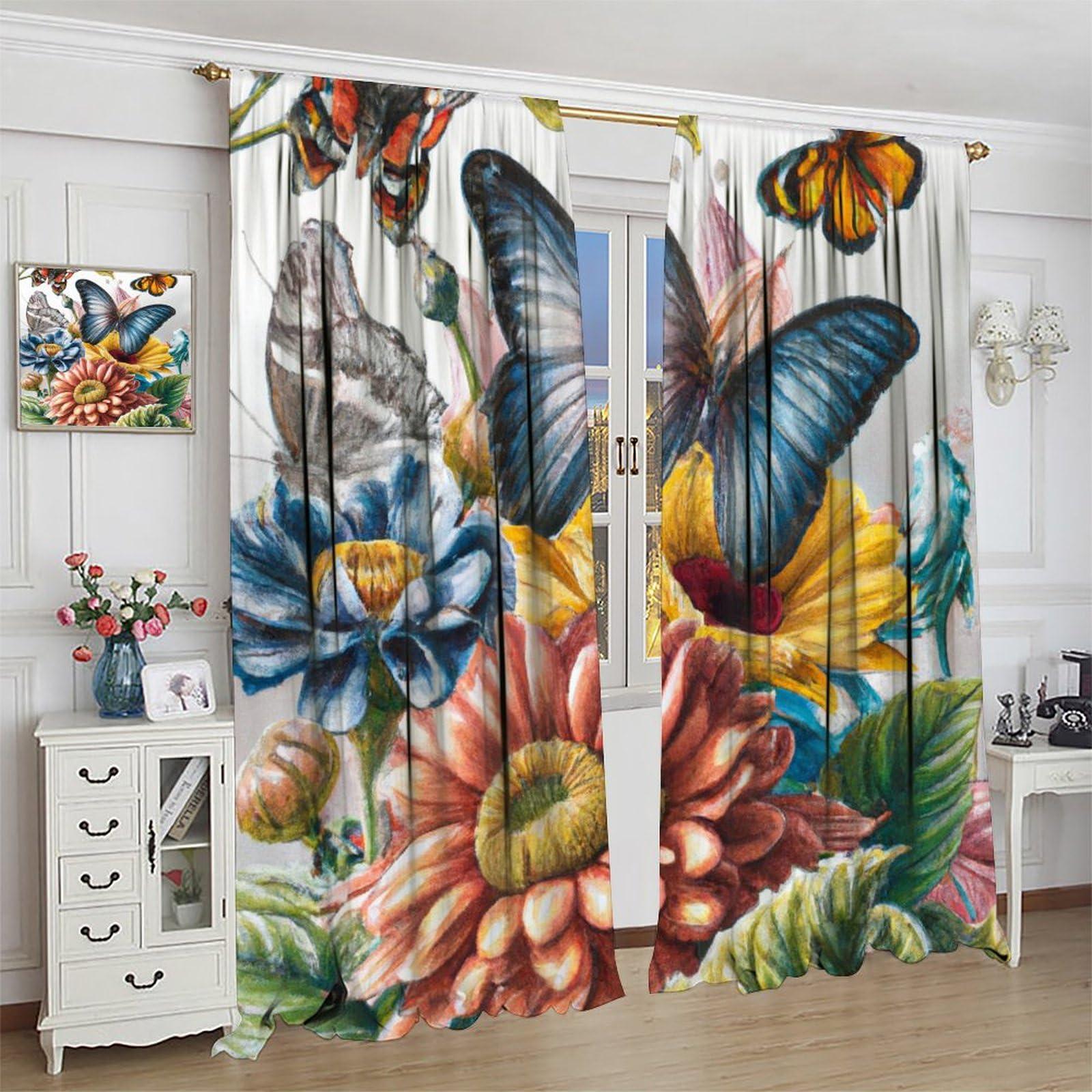 dongbunishangmao Butterfly Curtains Magic Spring Forest Blooming Flowers Butterfly Print Window Drapes for Bedroom Living Room Rod Pocket Blackout Curtains 2 Panels 21x45in, Style-2