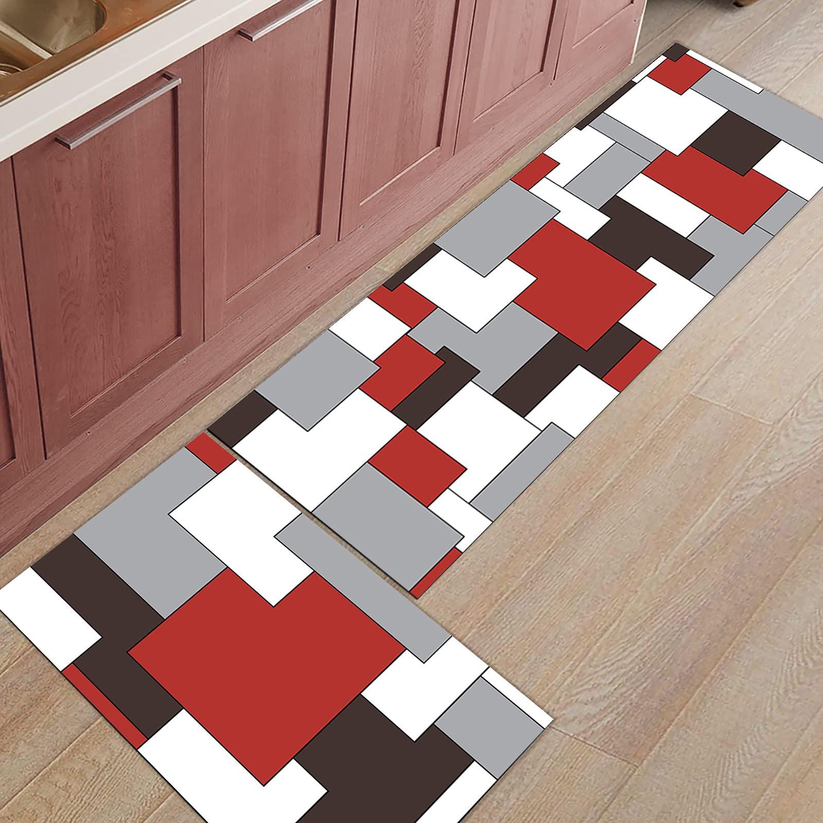 LooPoP LooPoP Kitchen Rugs and Mats Non Skid Washable Sets Red Geometric Anti Fatigue 2 Piece Set Non Skid Waterproof Standing Rugs Red and Gray Modern Mid Century