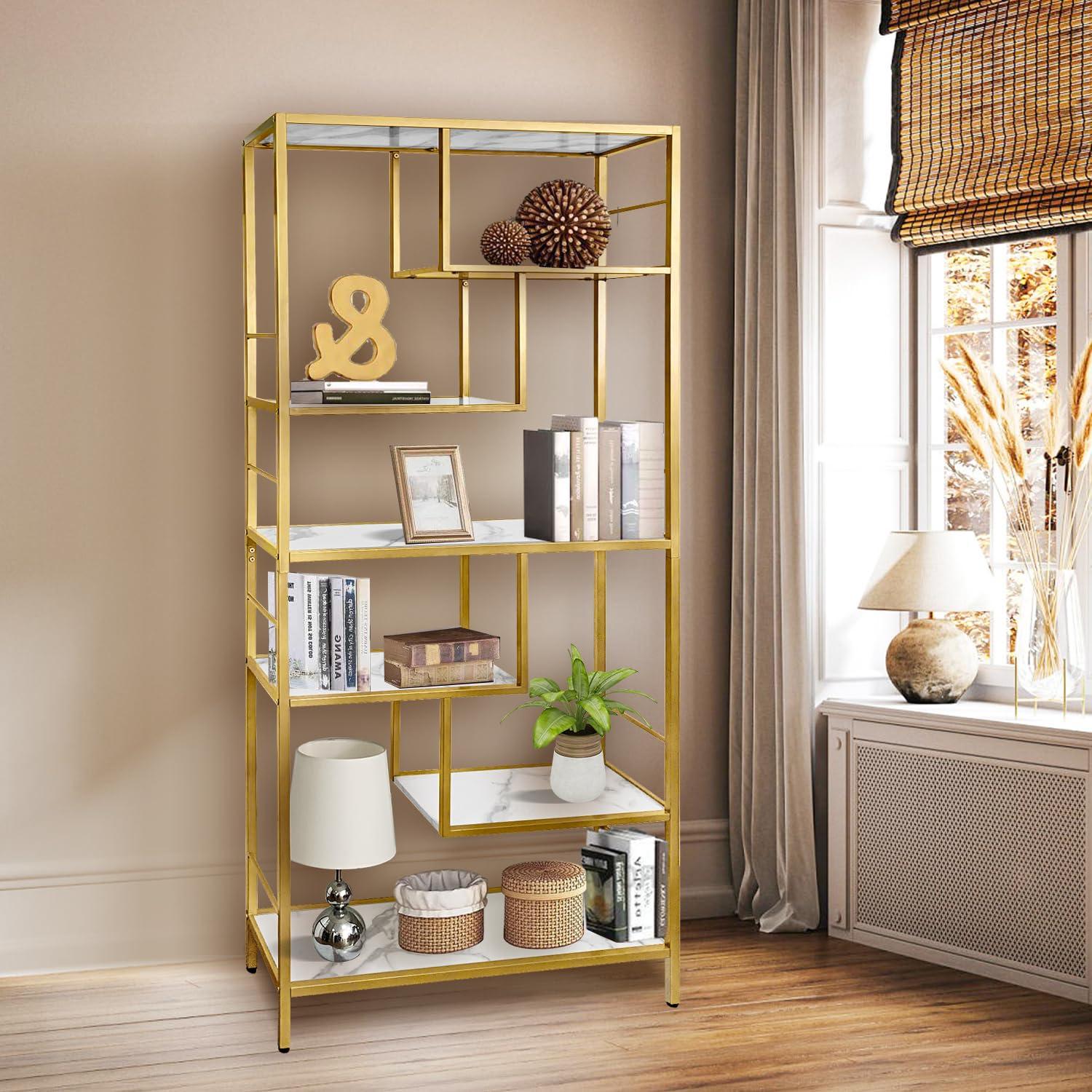 AT-VALY AT-VALY 6 Tier Bookcase Bookshelf, 72.4Tall Modern Freestanding Bookshelf with 6 Shelves, Faux Marble Open Display Storage Book Shelves for Living Room Bedroom Home Office (Gold)