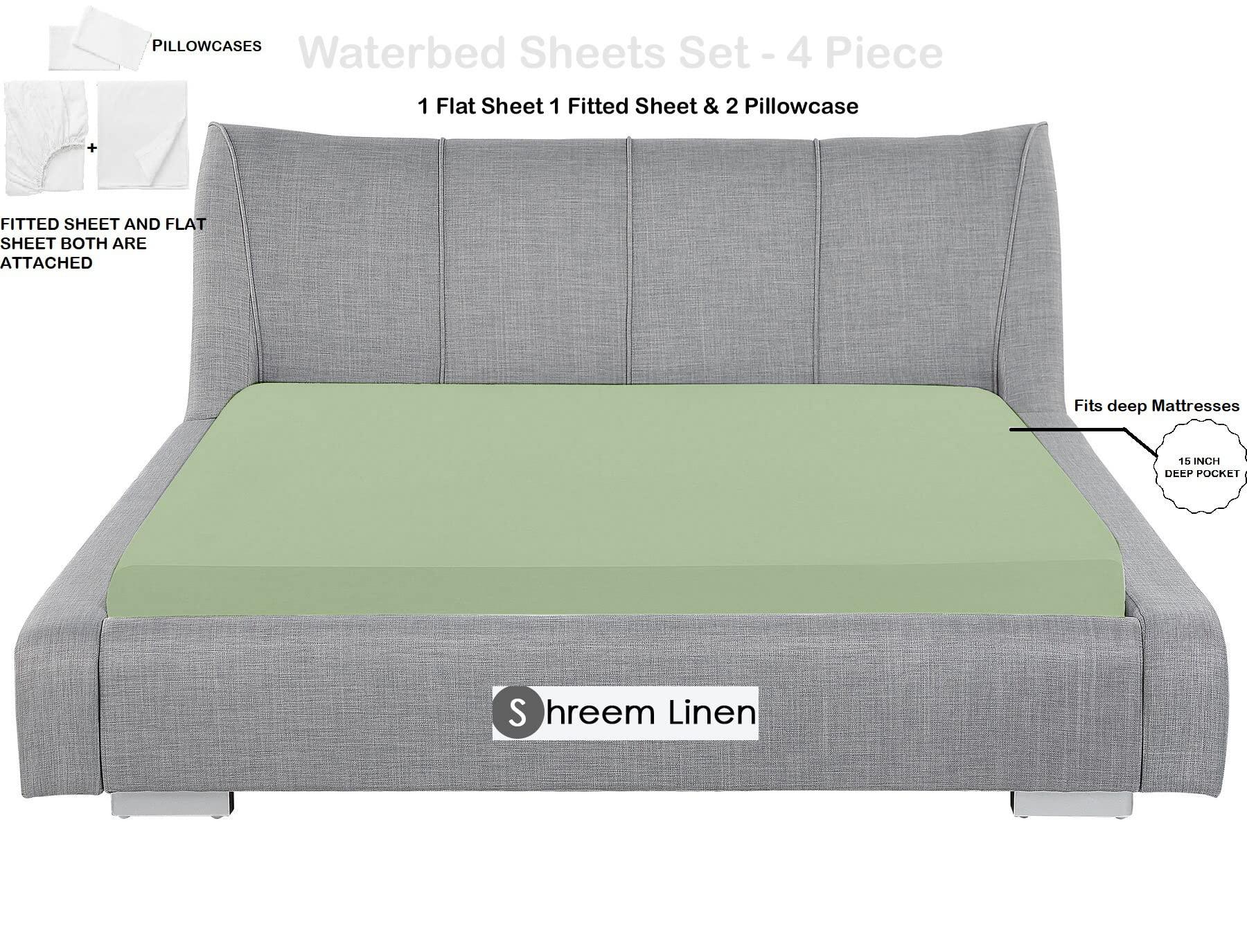 Shreem Linen Waterbed Sheets Queen Size Attached Waterbed Sheets 100% Egyptian Cotton 600-Thread Count 4 Piece Sheet Set 15\" Deep Pocket Attached Waterbed Sheet Set in Solid (Sage, Queen)