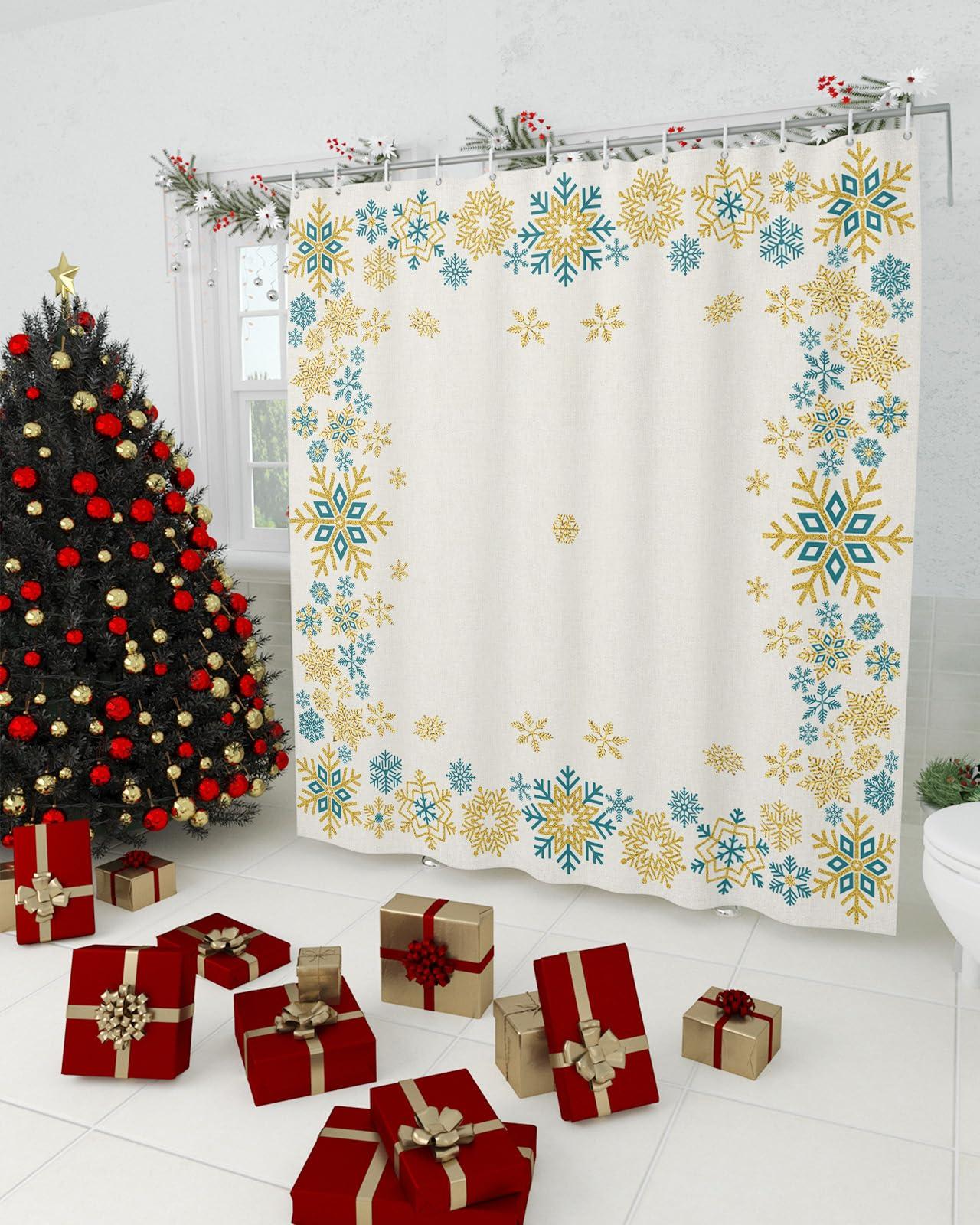 ZOE GARDEN Christmas Farmhouse Shower Curtain Set with Hook 36\"x72\",Washable Cloth Polyester Fabric Shower+Curtain,Waterproof Bath Curtains for Bathroom,Bathtubs Accessories Winter Xmas Snowflakes Turquoise Gold