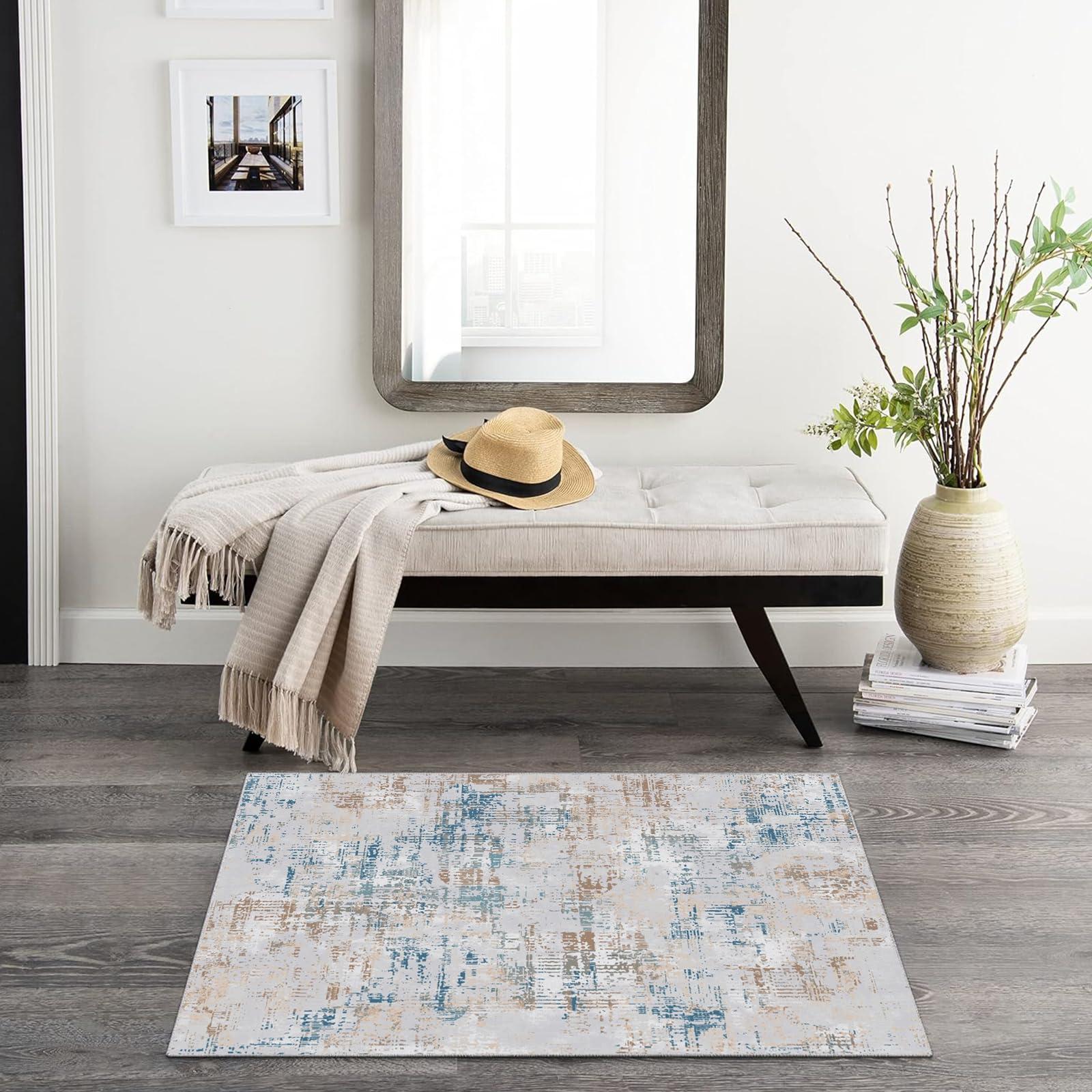 MiZuH 4x5 Area Rugs, Non Slip Backing Area Rug, Imitation Cashmere Carpet Machine Washable Rugs, Foldable Abstract Rug for Living Room (Blue/Tan/Light Gray, 4x5ft/48x60in/120x150cm)