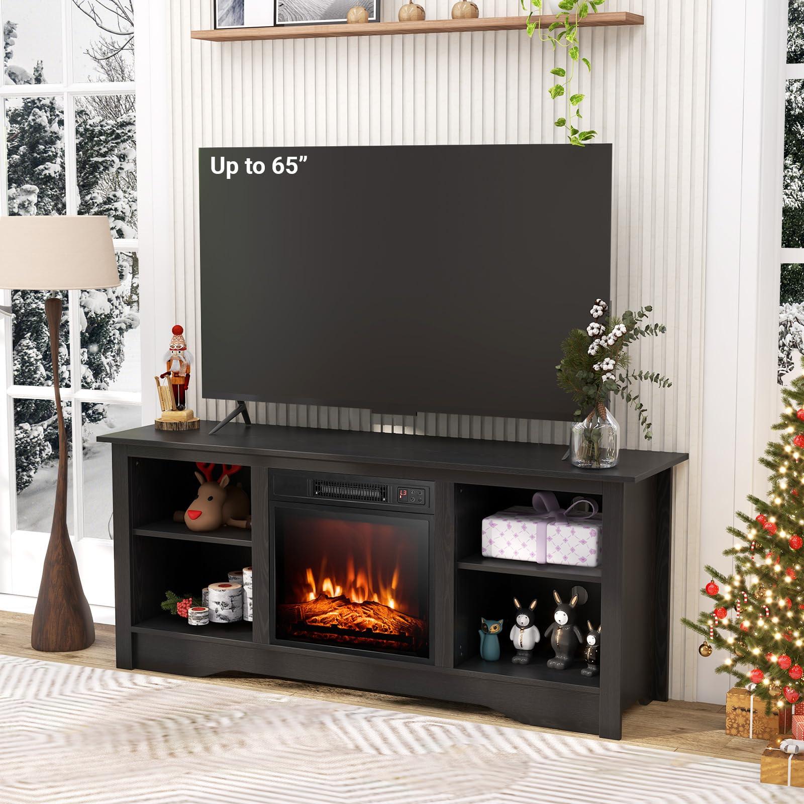 Tangkula Tangkula TV Stand with 18 Electric Fireplace, for Flat Screen TVs Up to 65 with Adjustable Shelves, Fireplace TV Cabinet with Remote Control, Thermostat & Adjustable Flame Brightness (Black)