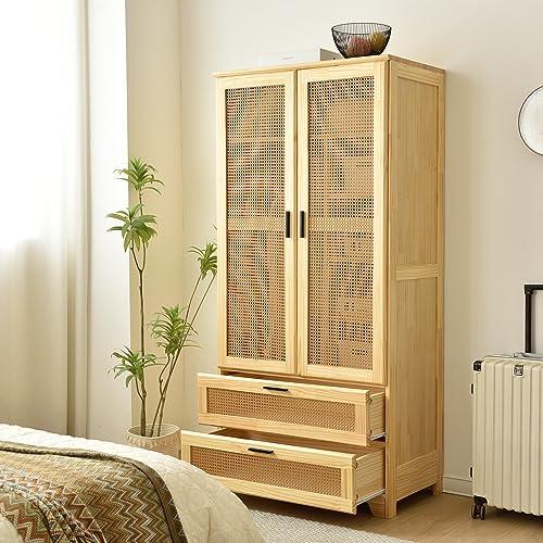 Woodpeckers Furniture And Mattress Pine Wood Closet with Rattan Doors and Two Drawers (Natural)