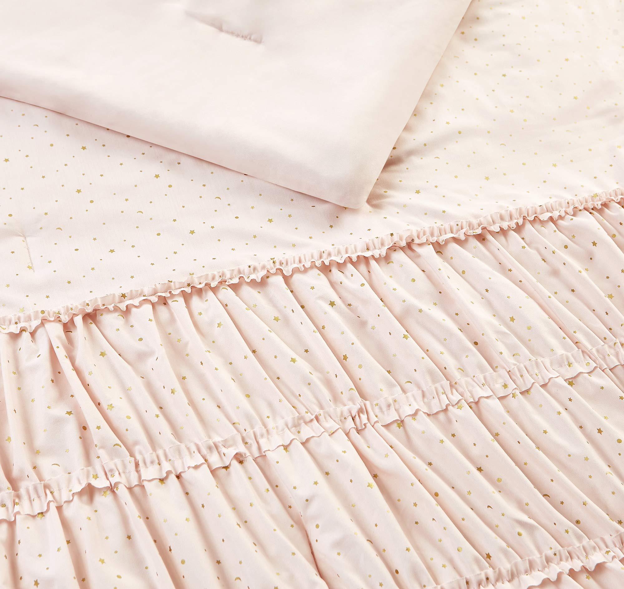 Madison Parker Mytex Celestial Princess Pretty 5-Piece Comforter set with gold metallic foil, Smocked texture, Girls, Teen bedding, Stars and Moons, Two Twinkling Decorative Pillows, Shabby Chic, Blush Pink, Full