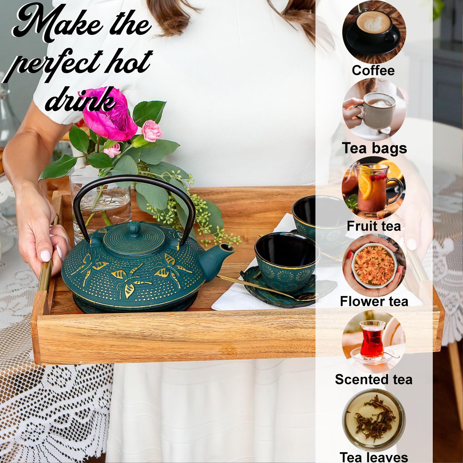 KIYOSHI Luxury KIYOSHI Luxury 7PC Japanese Tea Set. "KIYOSHI Green" Cast Iron Tea Pot with 2 Tea Cups, 2 Saucers, Infuser and Teapot Trivet. Ceremonial Matcha Accessories