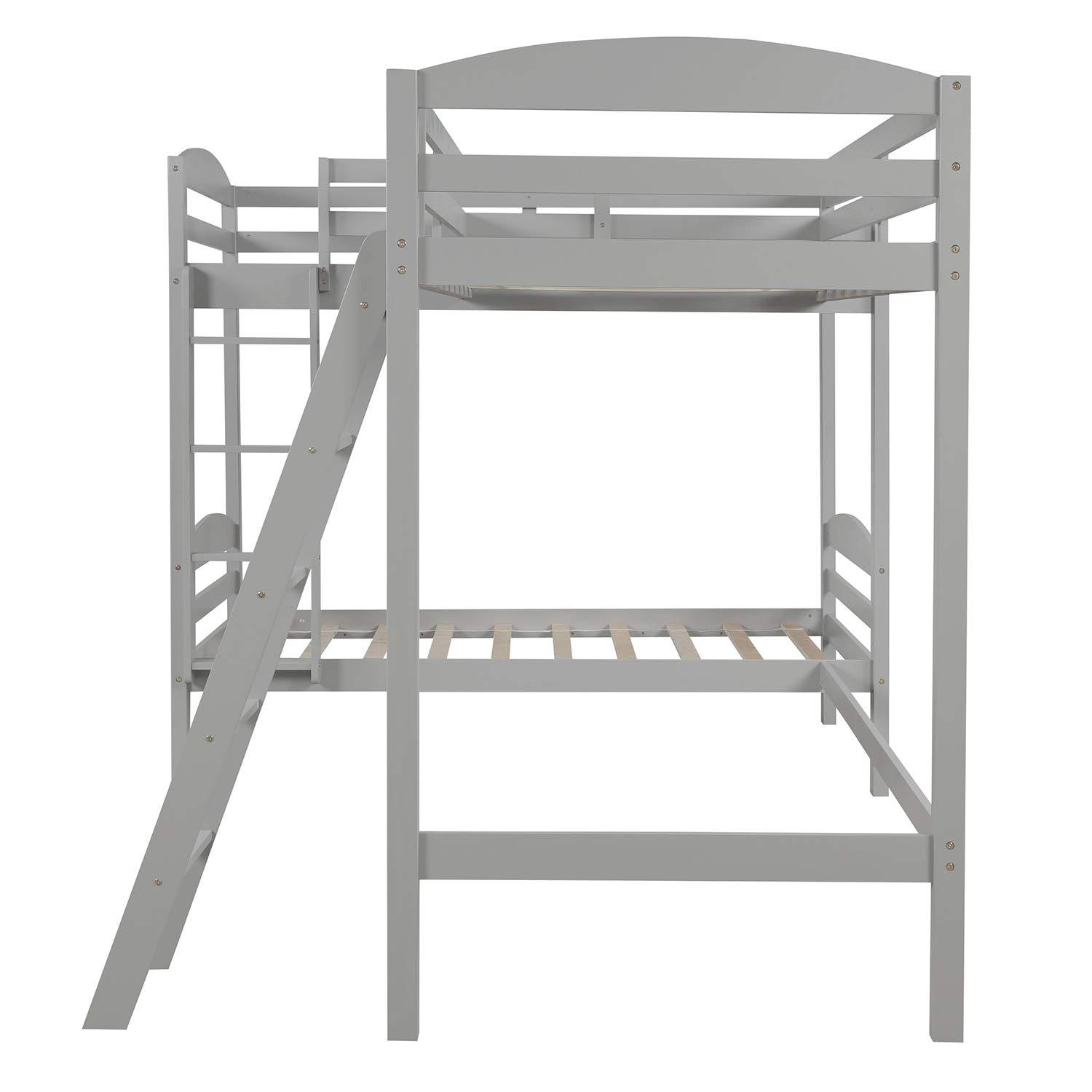 RUNNA Triple Bunk Bed Twin Size Wood L-Shaped Corner Bunk Bed Frame 3 Bed Bunk Loft Bed with Full Length Guardrails and Flat Ladder, 3 Bed Bunk, No Box Spring Needed (Gray+Wood)